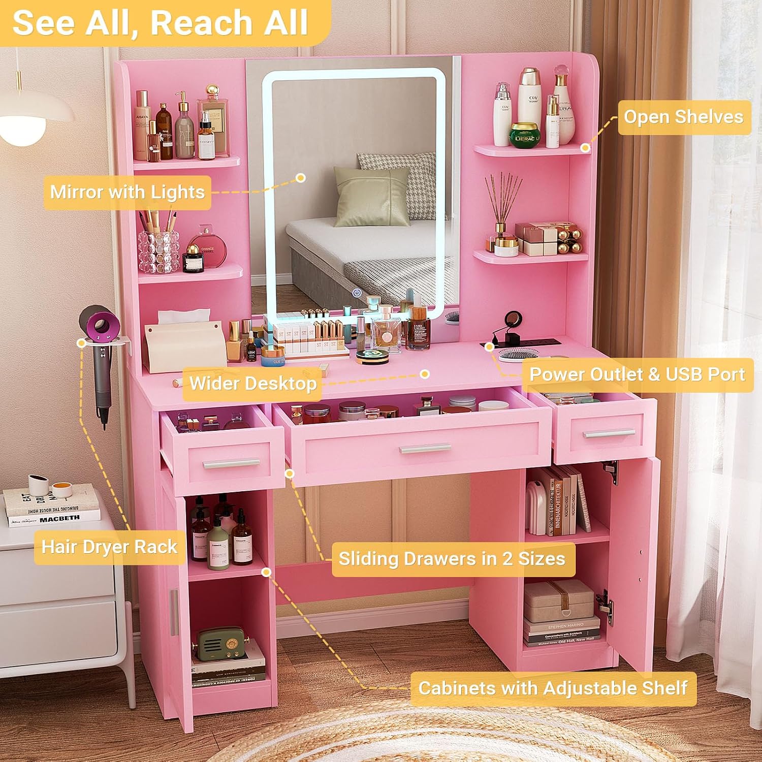 Cyclysio Makeup Vanity Desk with Mirror and Lights, Vanity Table with Power Outlet & Hair Dryer Rack, App Control RGB, 3 Drawers & 2 Cabinets for Storage, 41.3", Pink