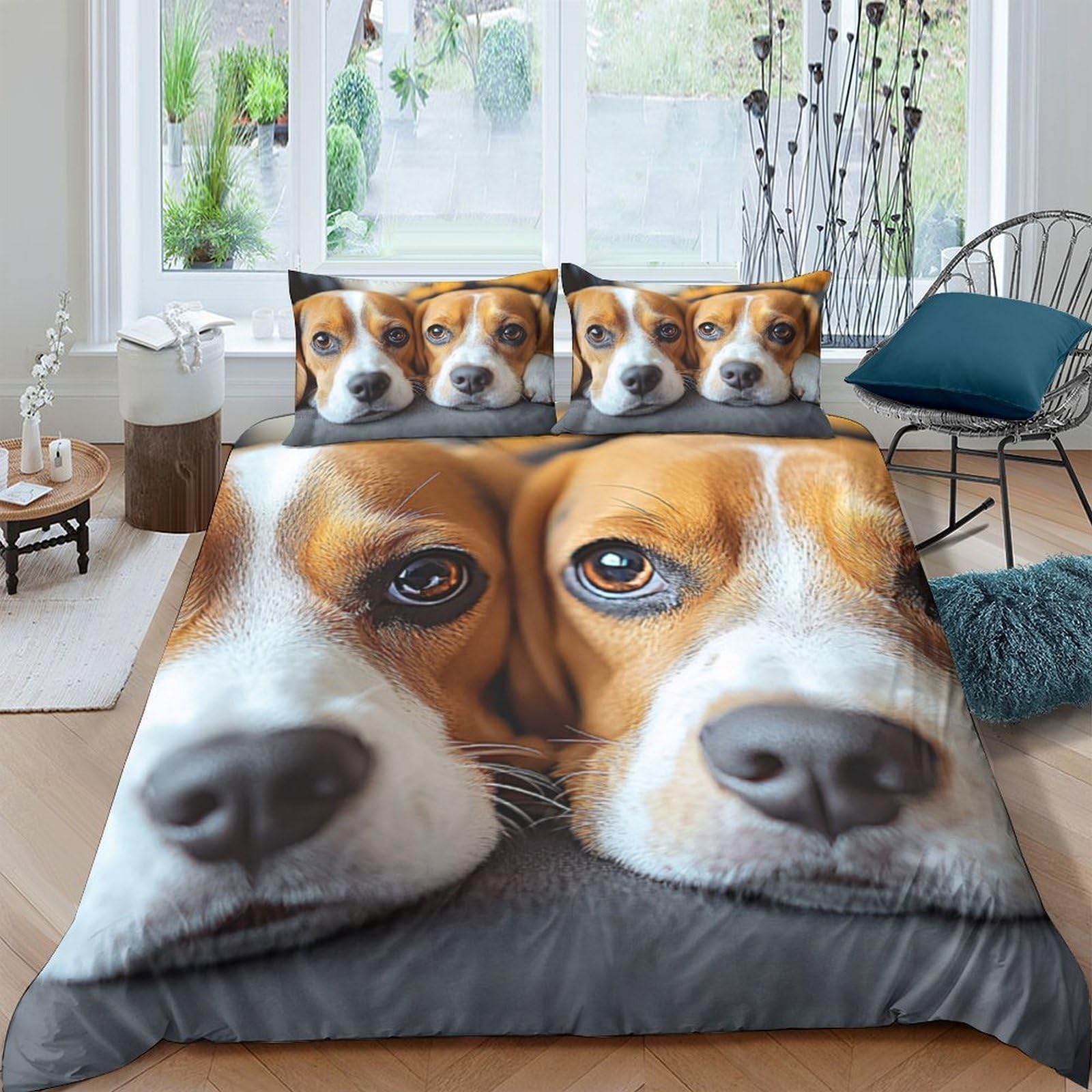 TUFRTGYHN 3D Printed Beagle Dog Duvet Cover Set Microfiber Soft Breathable Realistic Dog Face Bedding with 2 Pillowcases for Bedroom Decor Single（135x200cm）