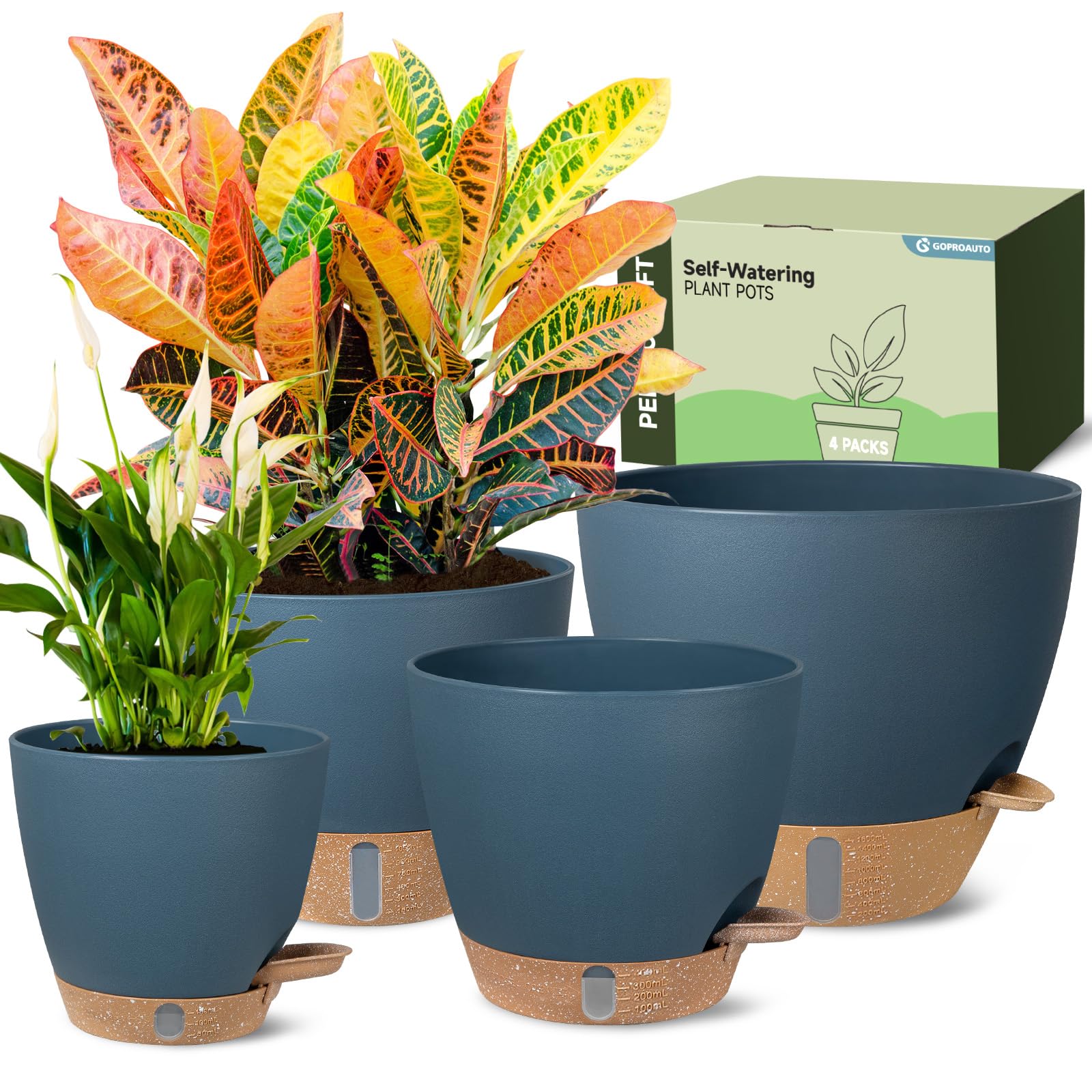 Photo 1 of Self-Watering Pots for Indoor Plants 4 Pack, 6/8/10/12 Inch Outdoor Planters with Water Level Indicator&Deep Reservoir, Decorative Flower Pots for Indoor Plants,Home Decor (Blue, 12+10+8+6 inch)
