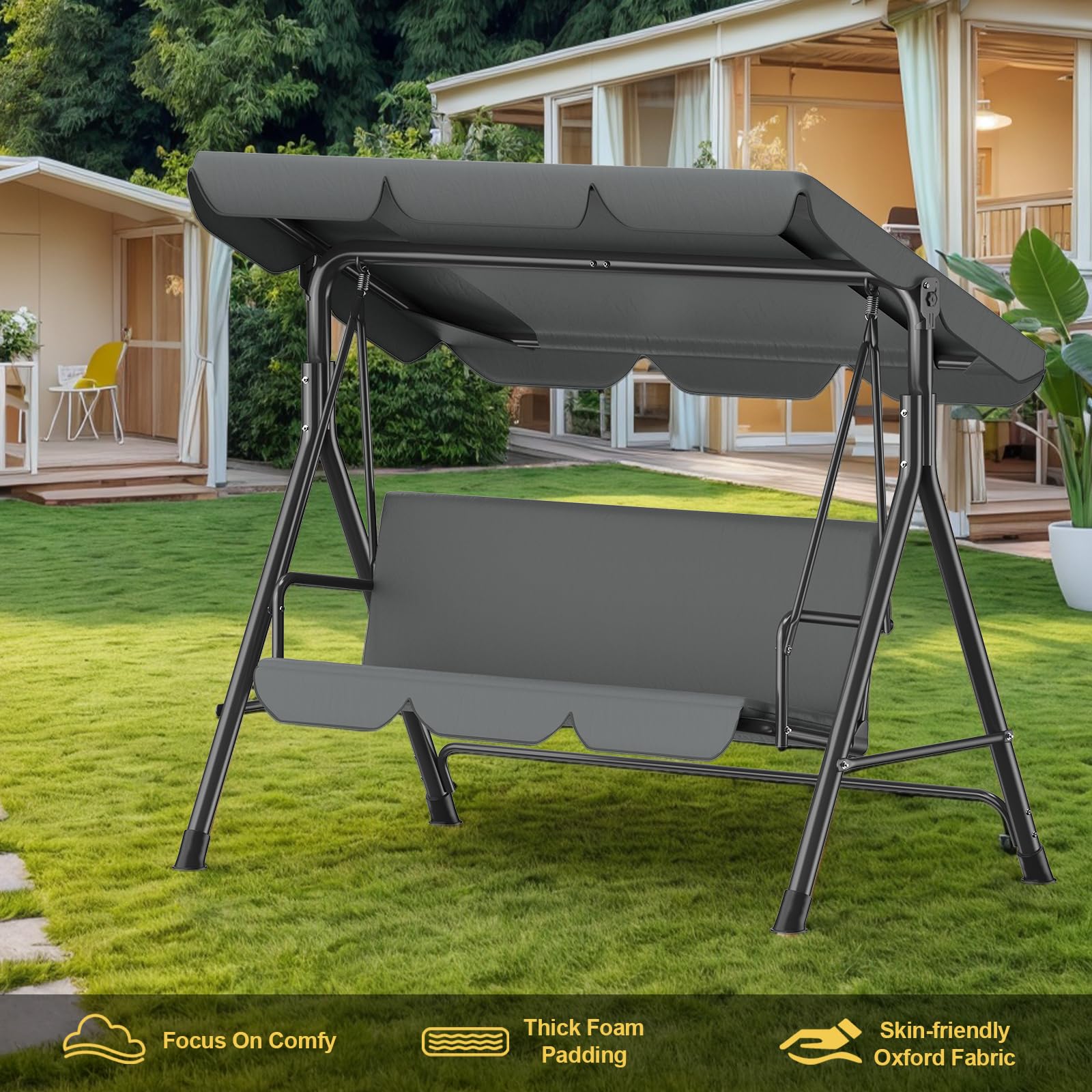 Balancelle Jardin 3 Places,Chaise à Bascule avec Toit Pare-Soleil et Coussin Amovible,Chaise de Jardin,Structure Métallique Stable,Charge 270 kg,Banc à Bascule pour Extérieur,175x110x152cm,Anthracite