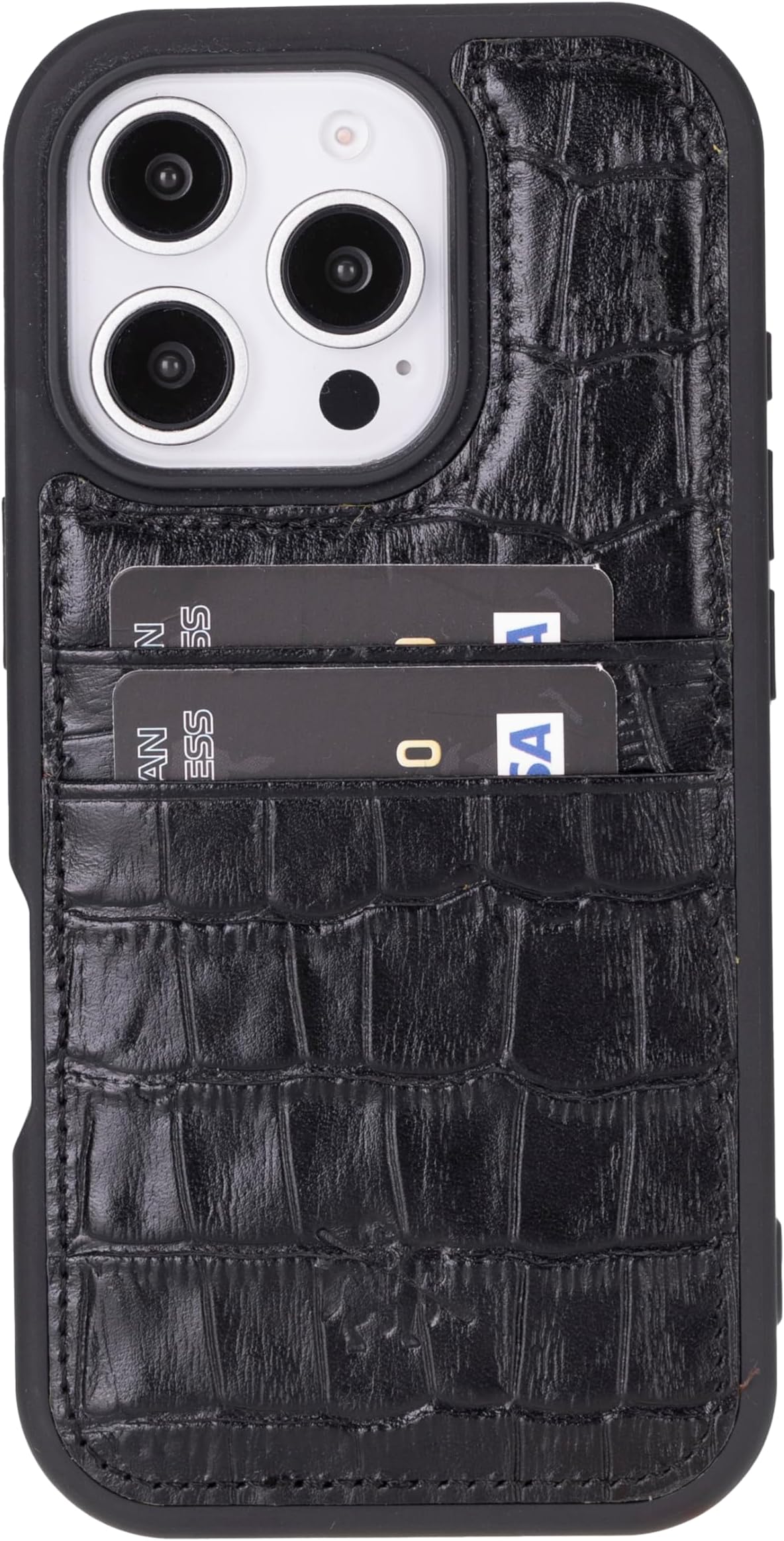 Venito Capri Handcrafted Premium Leather Case with Card Holder for iPhone 16 Pro, Drop/Impact Protection, Slim, Camera Protection, RFID Blocking, 6.3" Black Crocodile