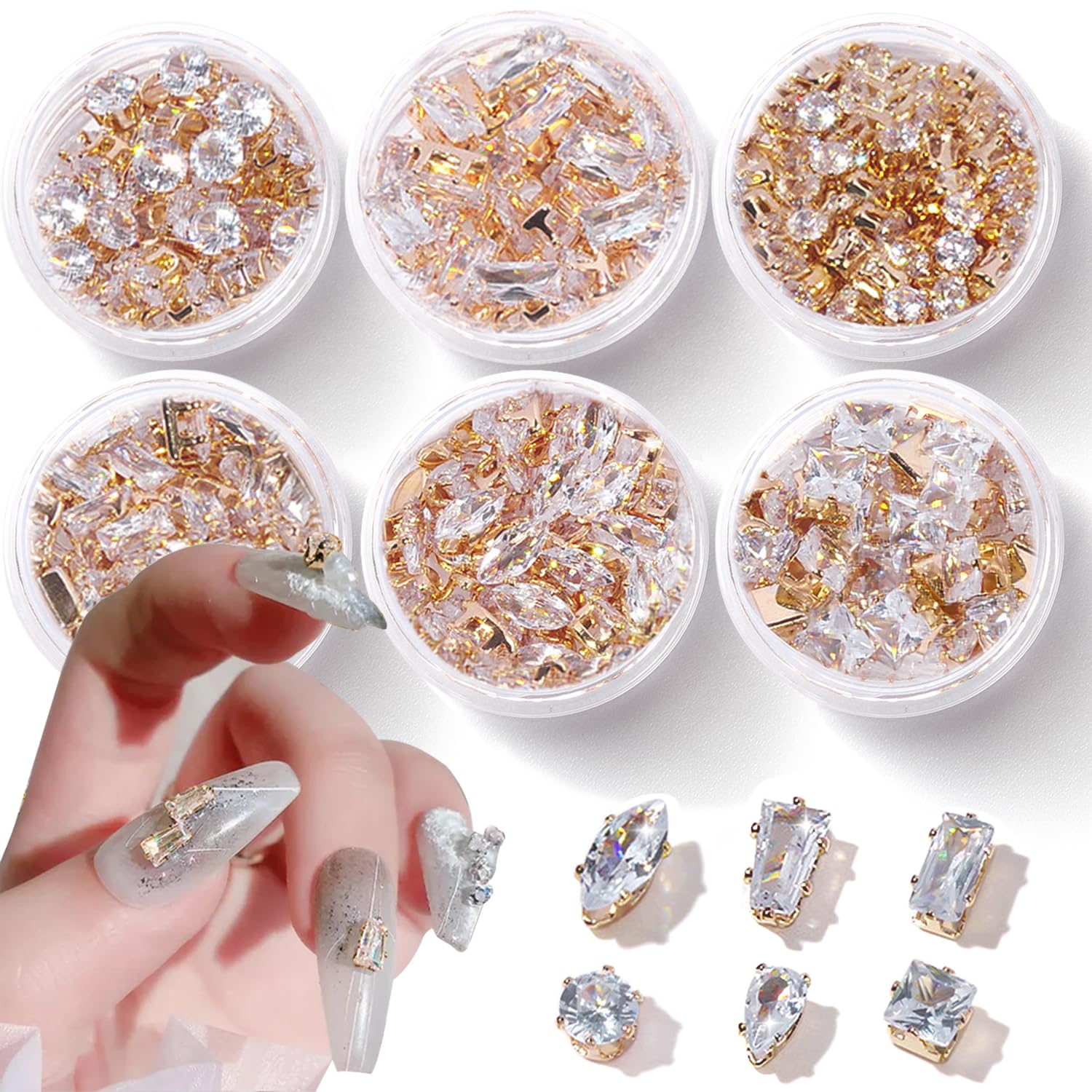 WOKOTO 6 Box Assorted Shapes Nail Rhinestones Gold Charms for Women Acrylic Nails Fingernail Jewelry Luxury 120pcs 3D Nail Art Zircon Metal Gem Transparent Nail Crystal Diamonds