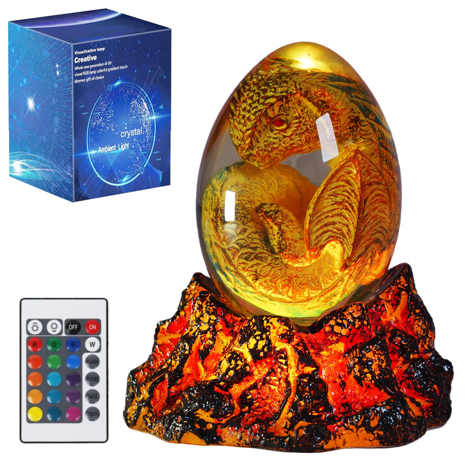 Luz nocturna de dragón, lámpara de dragones de resina con base de lava volcánica mejorada, control remoto de 16 colores RGB regulables para cumpleaños, Navidad, figuras geniales, regalos de dragón