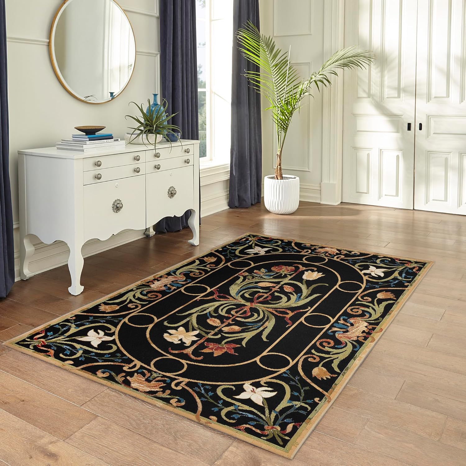 Liora Manne Marina Indoor/Outdoor Power Loomed Synthetic Blend Durable Area Rug - Traditional Medallion Botanical Floral Colorful (Dream Garden Midnight) (7'10" x 9'10")