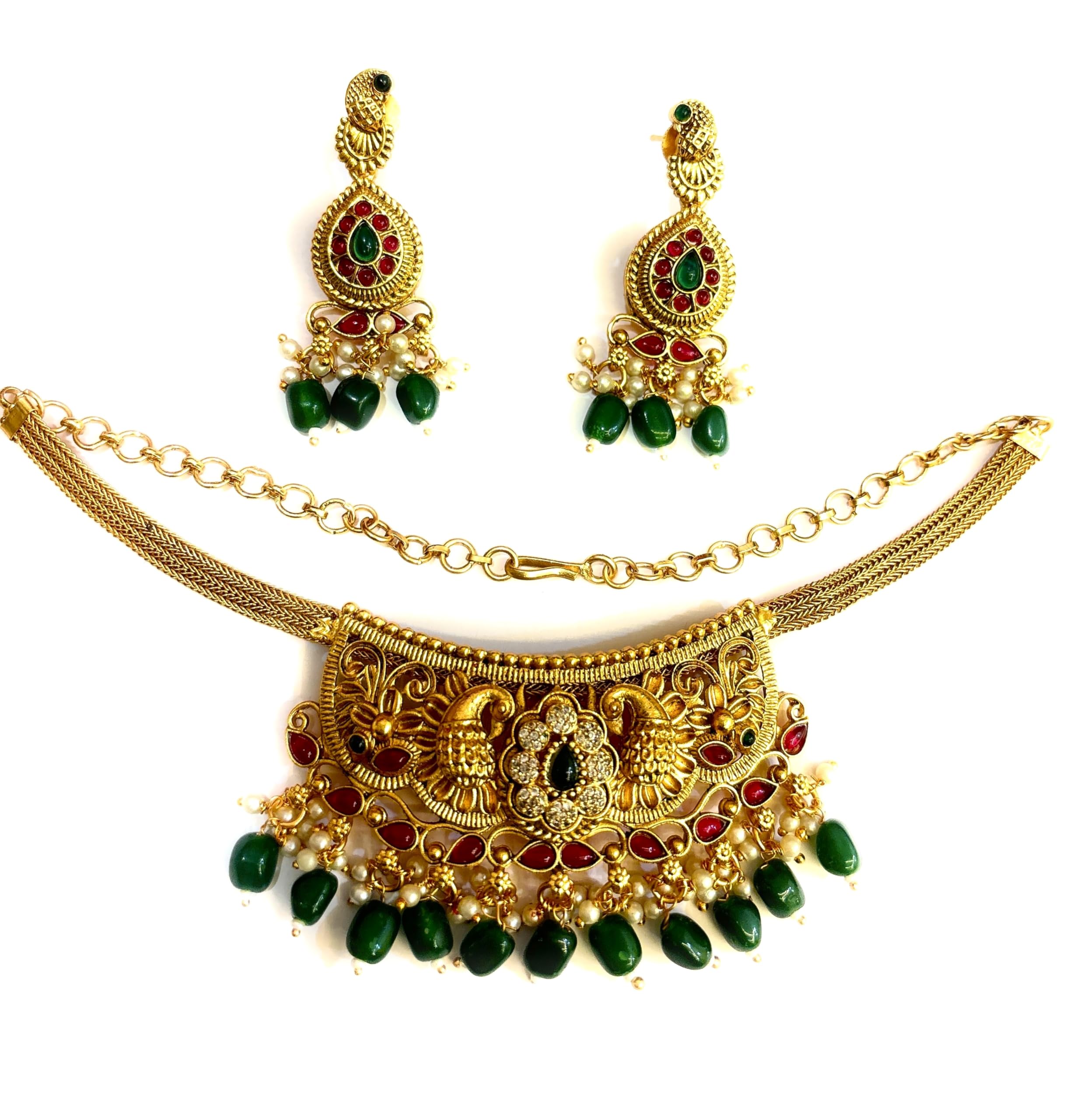 Adyashree EmporiumGreen beads Pink Red Lotus Flower pattern Necklace Gold plated Jewellery Women Green Pendant pearl & ruby studded artificial temple Necklace latest jewellery fashion Set For Women