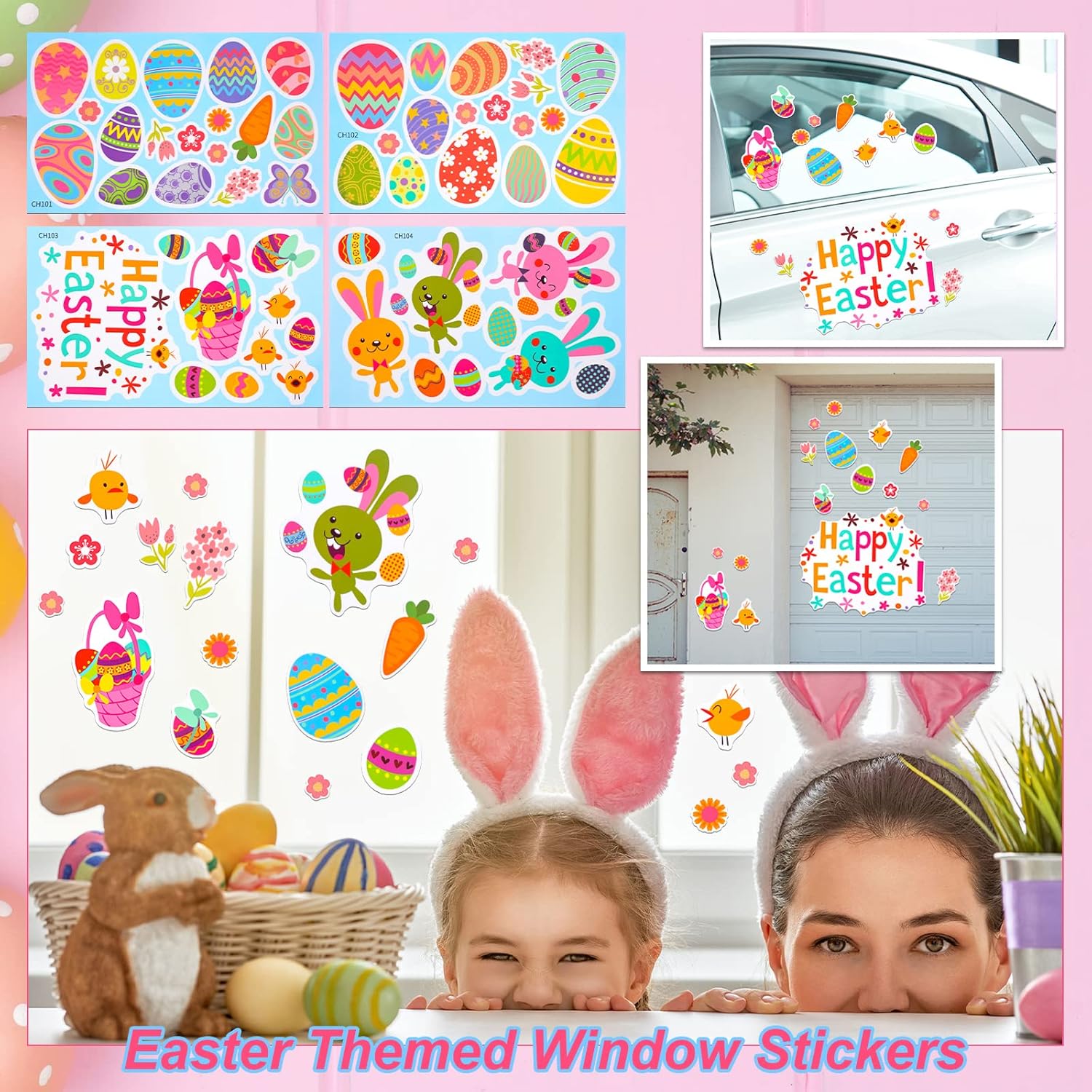 Frienda 4 Pieces Easter Car Rabbit Bunny Ears Decorations with LED Lights and 4 Sheets Rabbit Happy Easter Electrostatic Sticker for Auto Easter Party Decorations (Lovely Style)