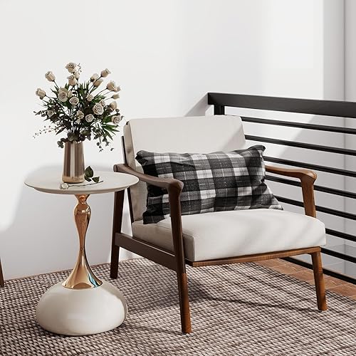 Miniatura 8 de Mesa auxiliar redonda de metal, mesa de pedestal moderna, mesas de bebidas de esquina, mesita de noche para sala de estar, patio y bar (blanco crema)