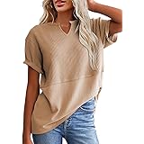 SHEWIN Womens Casual V Neck Waffle Knit Tops Short Sleeve T Shirts Loose Blouses