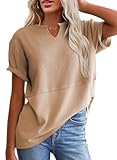 Womens Casual V Neck Waffle Knit Tops Short Sleeve T Shirts Loose Blouses