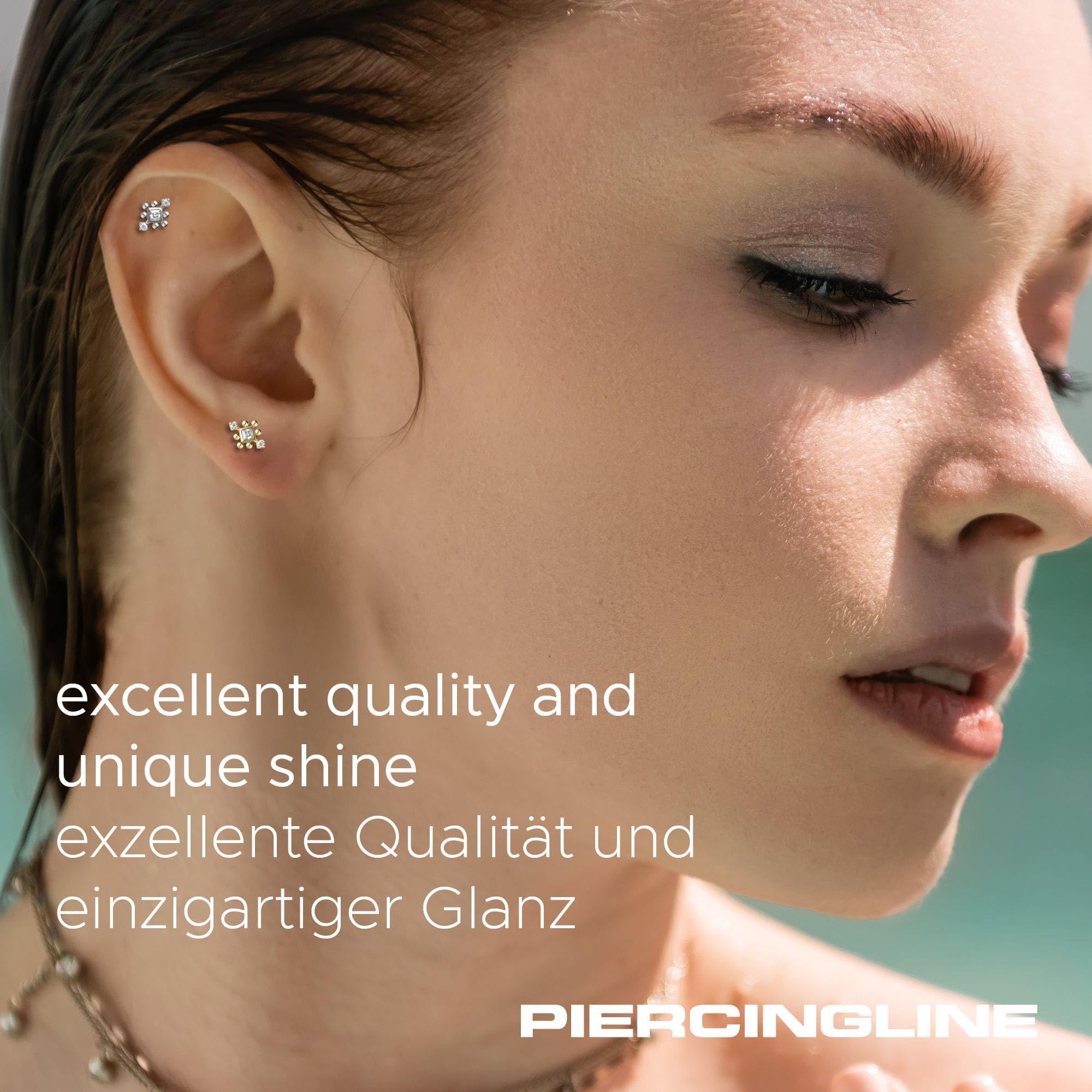 PIERCINGLINE Piercing Stecker 14 Gold Labret mit Push Fit 3 MOISSANITE + KUGELN 585er Gold - Roségoldfarben, Goldfarben, Silberfarben