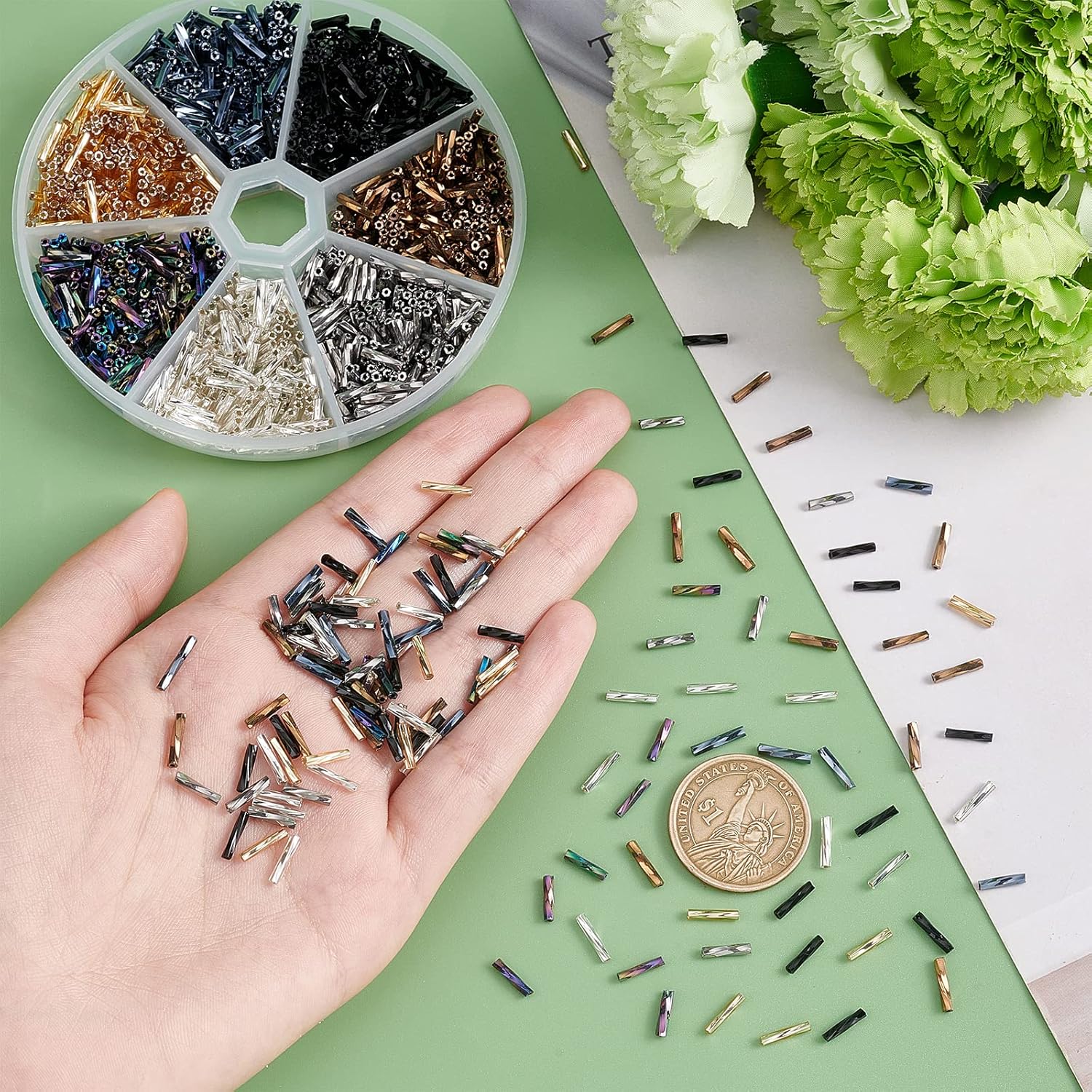 PH PandaHall 1260pcs 7 Colors Glass Bugle Beads, 9x2mm Metallic Seed Beads Twisted Tube Beads Craft Beads Loose Spacer Bead Iridescent Beads for Earrings Bracelets Necklaces Waist Chain Jewelry Making - Image 7