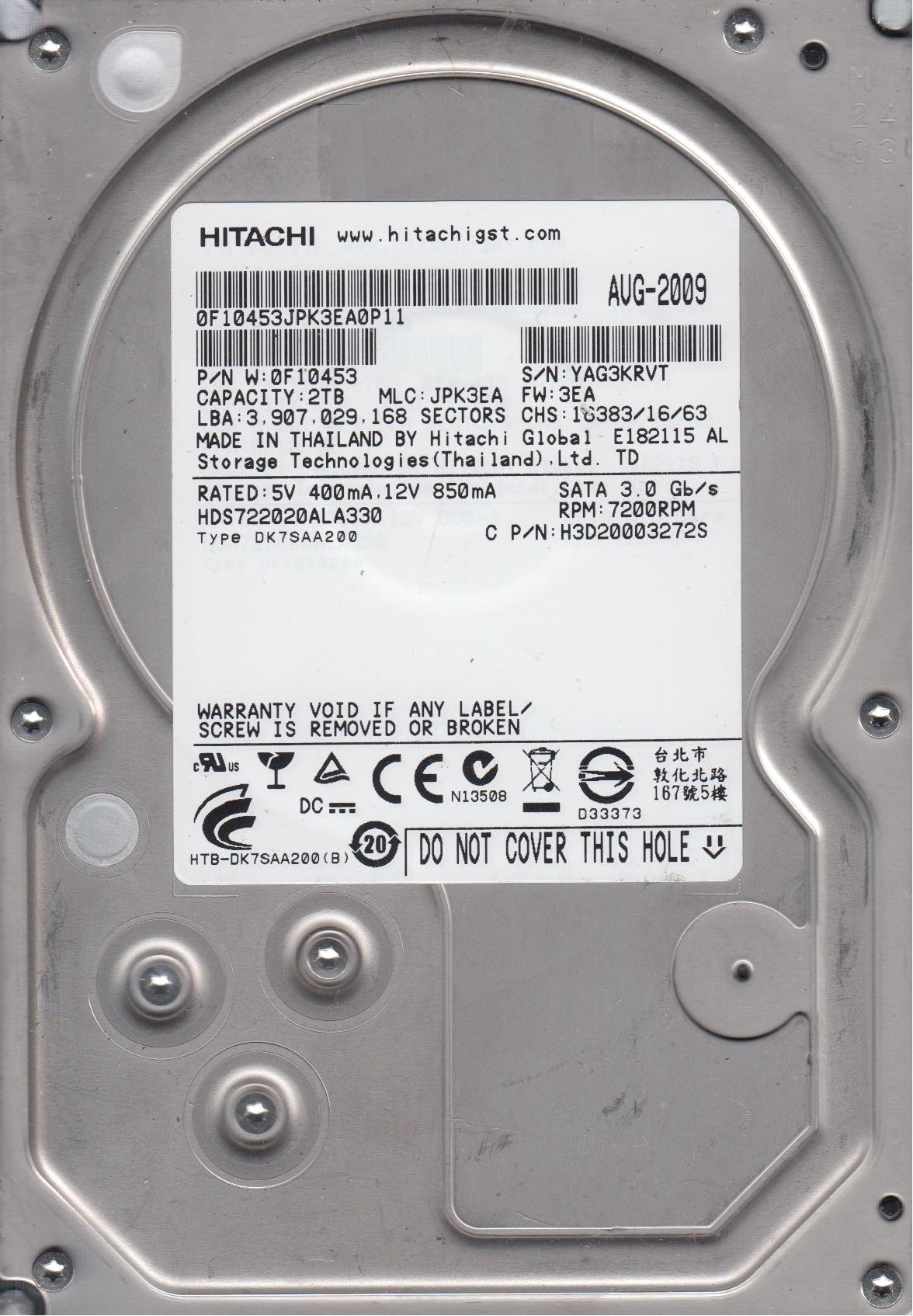 hds722020ala330、PN 0?F10453、MLC jpk3ea、Hitachi 2tb SATA 3.5ハードドライブ Amazon | hds722020ala330、PN 0 F10453、MLC jpk3ea、Hitachi