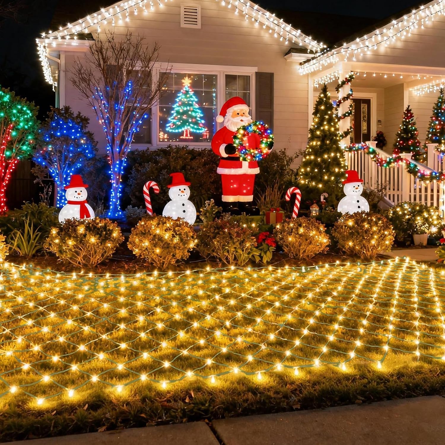 Pooqla Net Lights, 300LED Christmas Outdoor Mesh Light, 14.8x4.9 ft Fairy String Mesh Light 8 Modes Green Wire, Connectable Waterproof Net Lights for Bushes Tree Yard Christmas Decor, Warm White