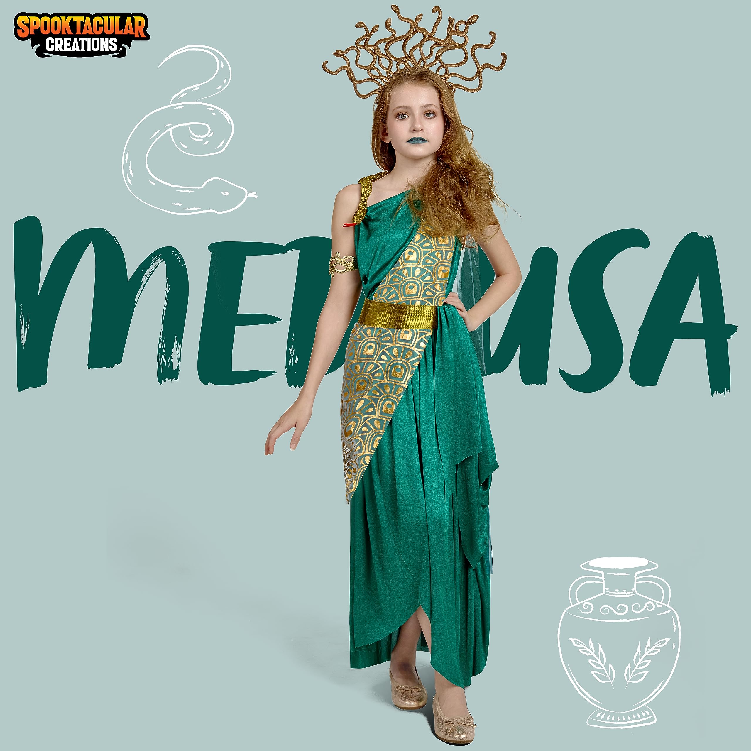 Spooktacular Creations Costume da Medusa per bambine, costume da Medusa verde con bracciale copricapo da Medusa per feste di Halloween Grande (10-12 anni)