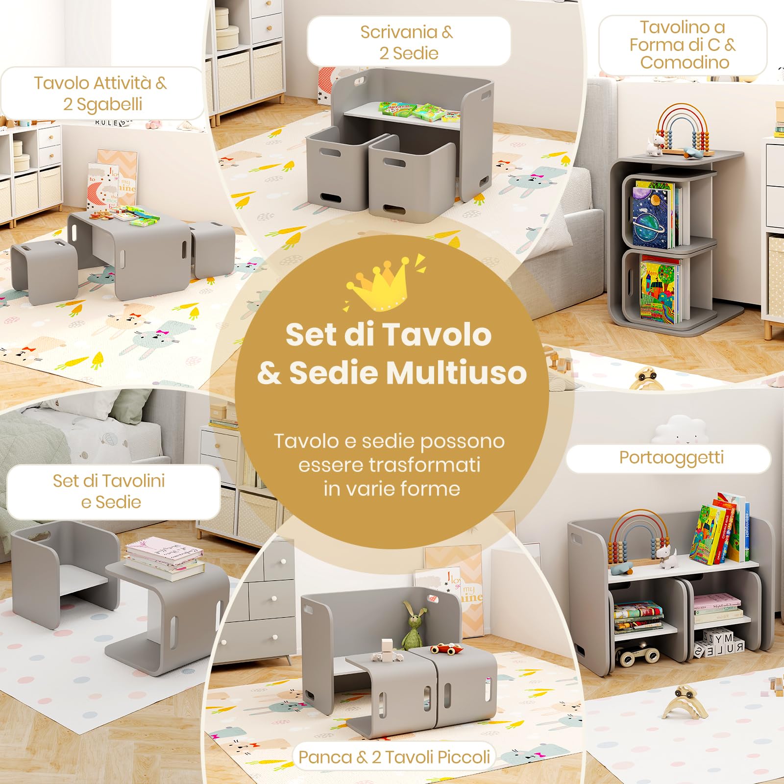 RELAX4LIFE Set da Tavolo e Sedie per Bambini con Design Multiuso, Tavolo/Scrivania/Panca con Schienale/Tavolino Laterale 4 in 1, Salvaspazio, in Legno di Betulla (Grigio)