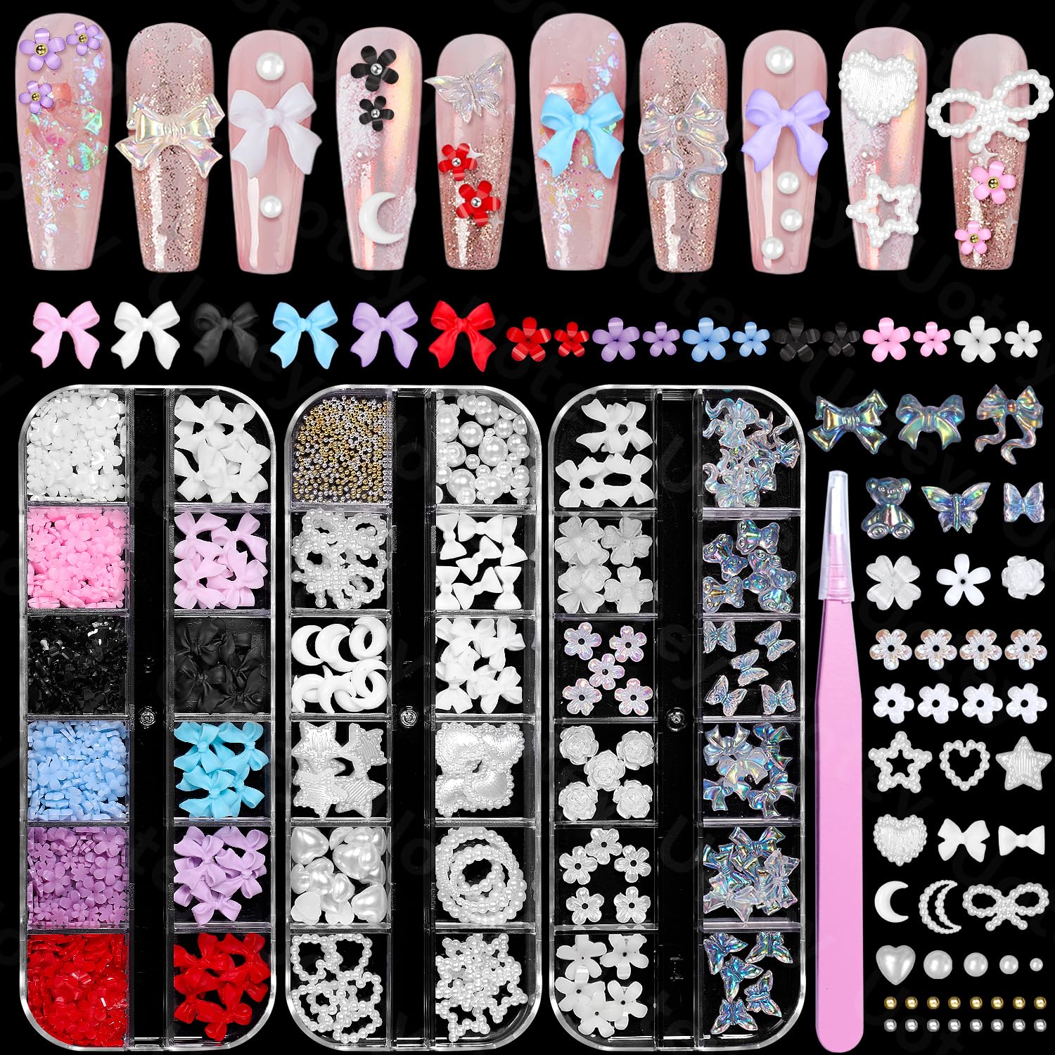 3D Flower Nail Charms, Spring Flower Bows Charms for Acrylic Nails Mixed White Flowers Butterfly Nail Charms, Pearl Star Heart Bow Tie Nail Art Charms