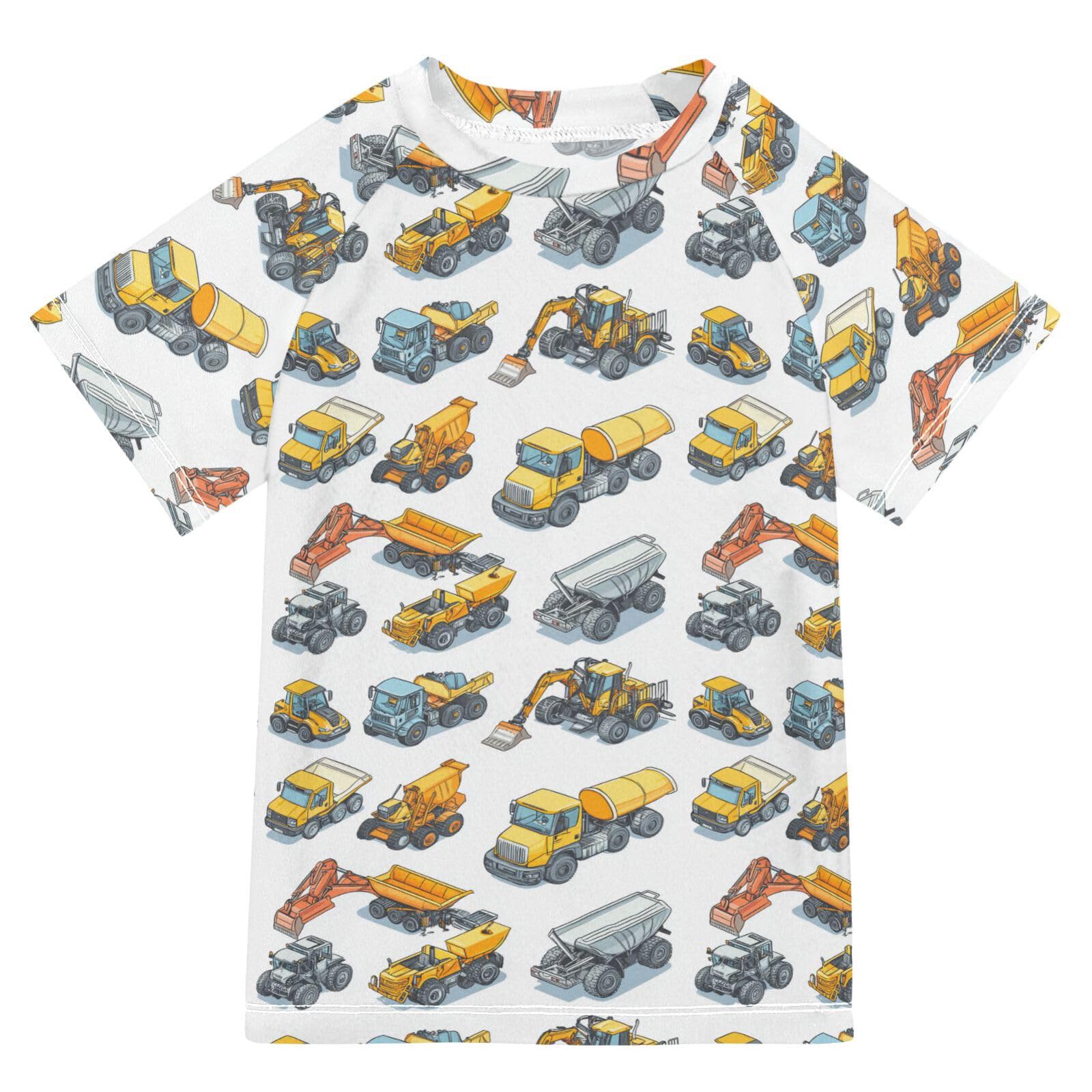 KLL Girls Bathing Suit Short Sleeve Little Girls Swimsuits 5T Construction Vehicles