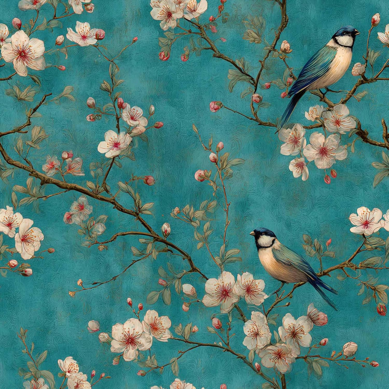 Vintage Floral Bird Peel and Stick Wallpaper, (Teal and White) Chinoiserie Botanical Pattern Wallpaper for Home Decor | 17.7" x 236", Self-Adhesive, Waterproof Vinyl