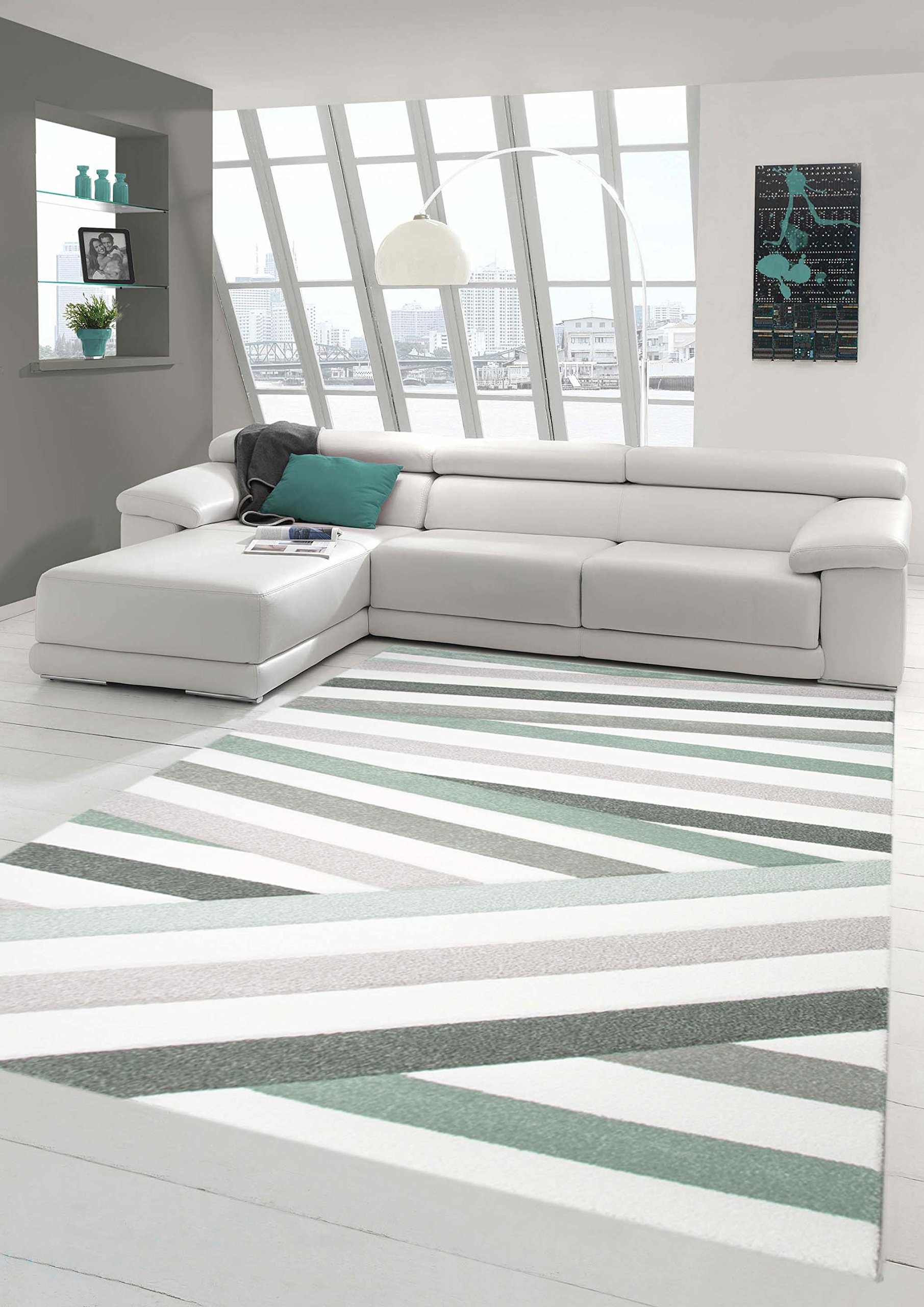 Traum Designer Teppich Moderner Wohnzimmer Kurzflor Mit Konturenschnitt Gestreift Pastellfarben Grün Creme Beige Größe 80 x 300 cm
