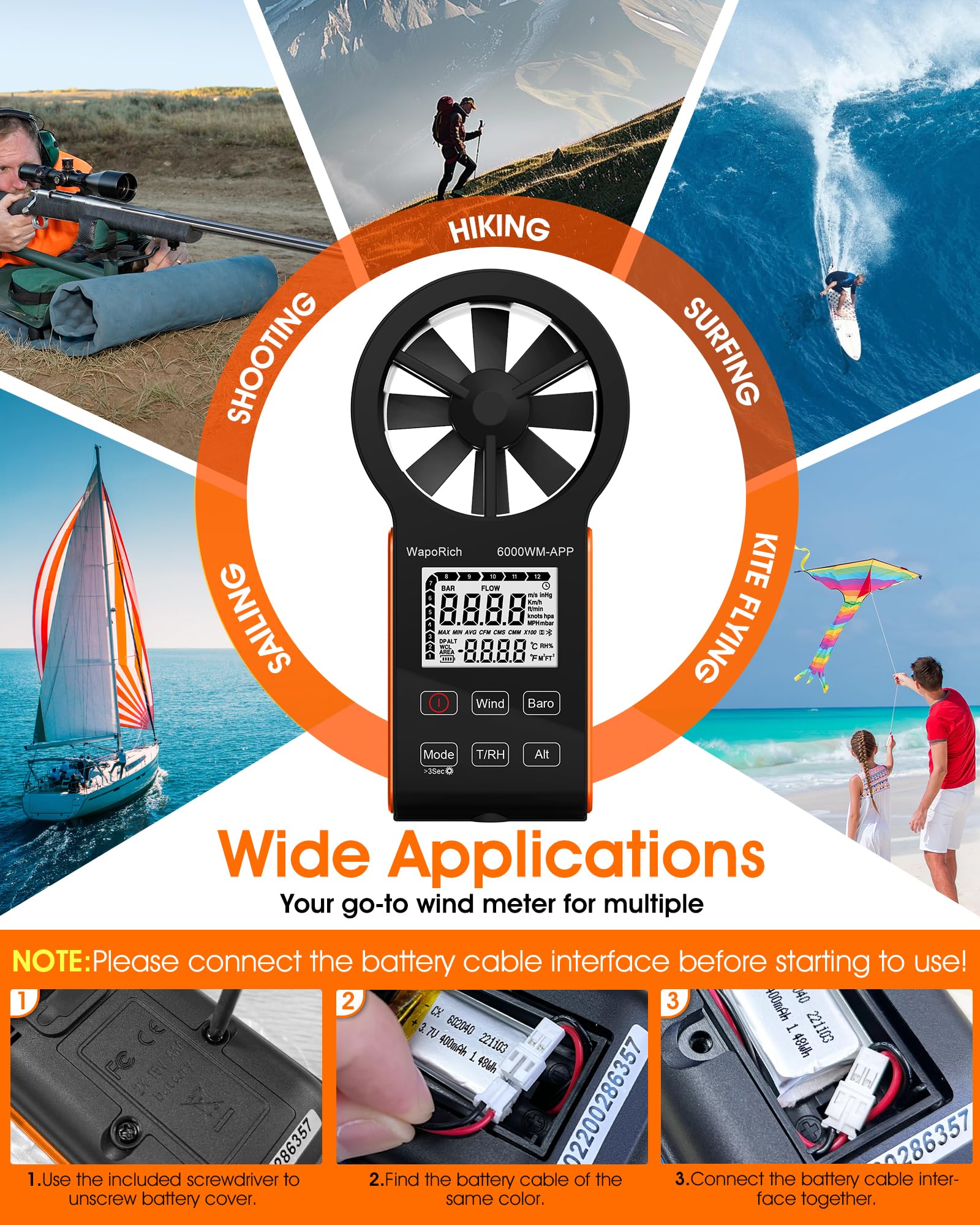 Bluetooth Anemometer, WapoRich 7-in-1 Windmesser Windmessgerät mit Luftdruck/Temperatur/Luftfeuchtigkeit/Taupunkt/Windchill/Höhenmesser App-kompatibel für HVAC, Drohnen, Segeln