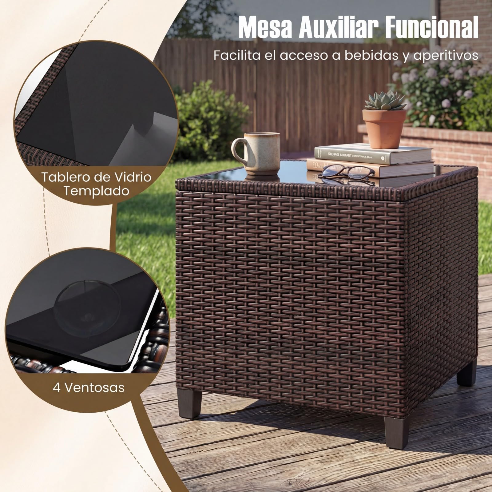 COSTWAY Conjunto Jardin Exterior de Ratán 3 Piezas, 1 Mesa Auxiliar de Vidrio Templado y 2 Sillas con Cojines, Muebles Jardin Terraza Balcon Exterior (Brown)