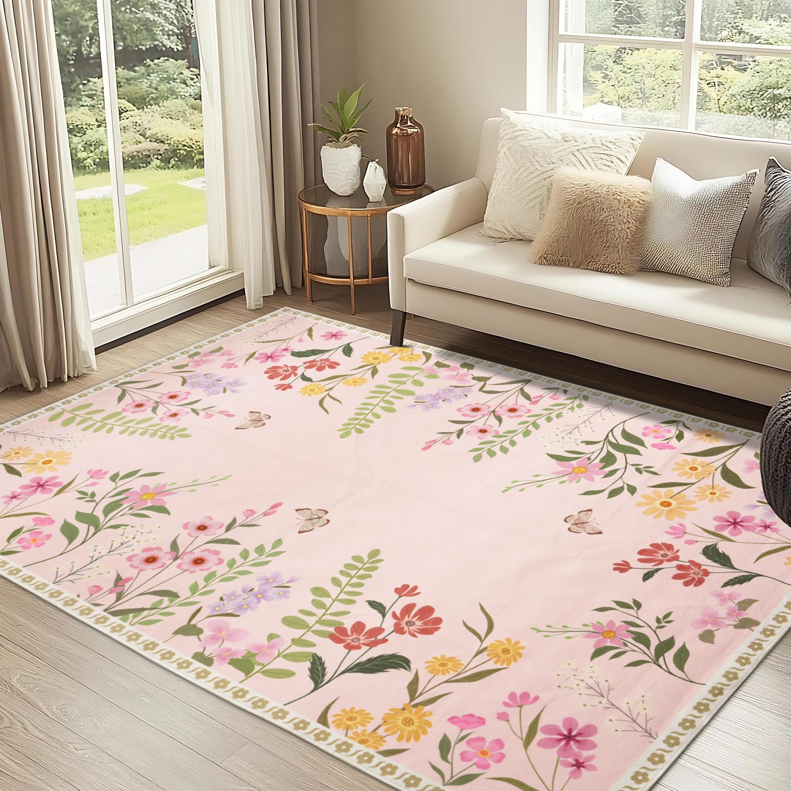 Mightree Pink Floral Area Rug 5x7 - Washable & Ultra Soft for Living Room, Bedroom, Bedside Carpet, Modern and Simple Spring Home Decor Floor Mat