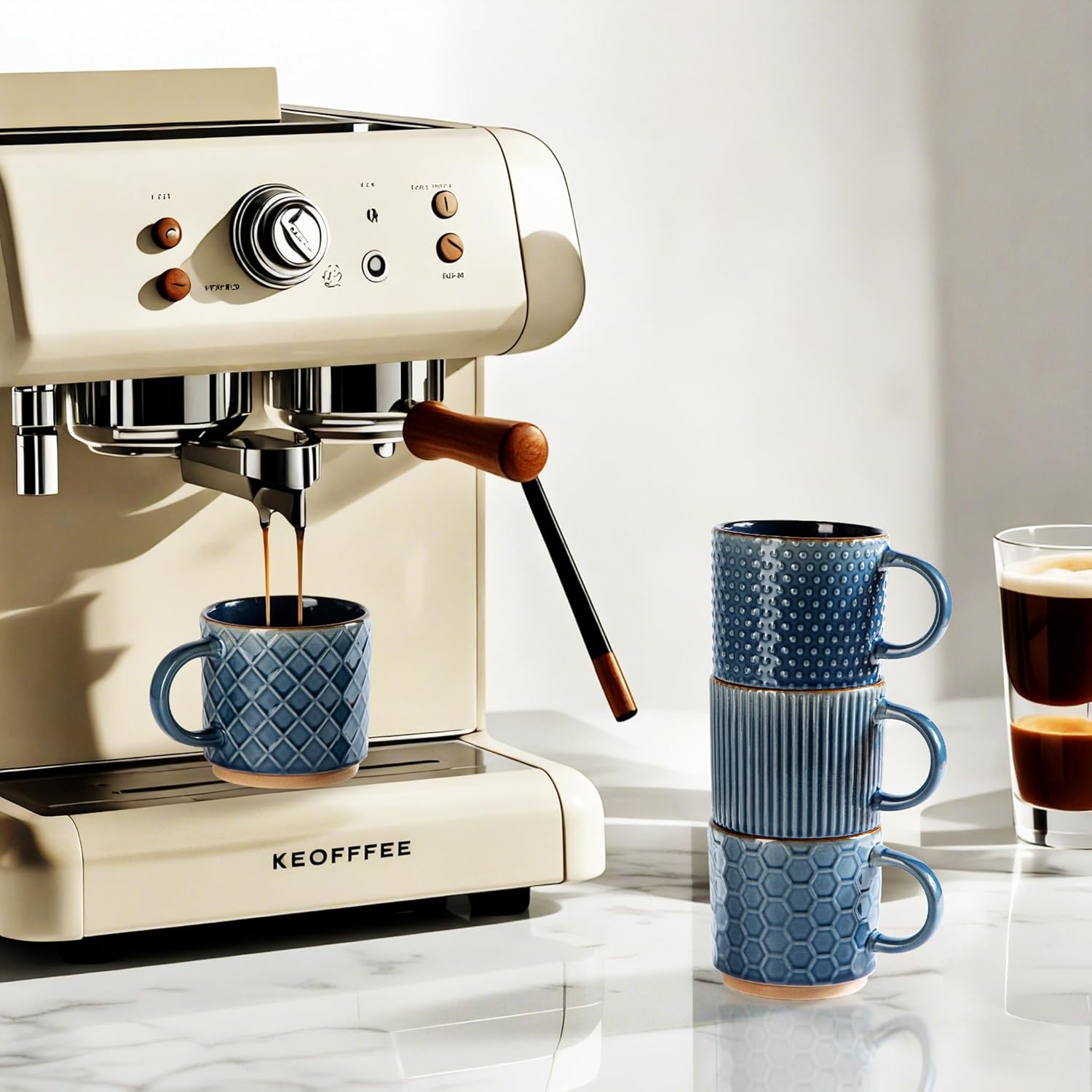 GBhome 15OZ Stackable Coffee Mugs, Ceramic Coffee Cups with Texture Patterns for Man,Woman,Dad,Mom, Modern Mugs Set of 4 for Latte/Cappuccino/Cocoa. Dishwasher&Microwave Safe, Blue