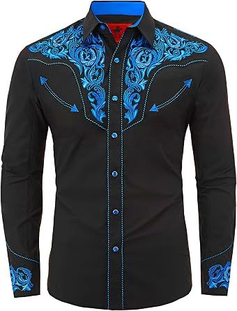 Mens Western Cowboy Shirt Embroidered Long Sleeve Casual Button Down Shirt