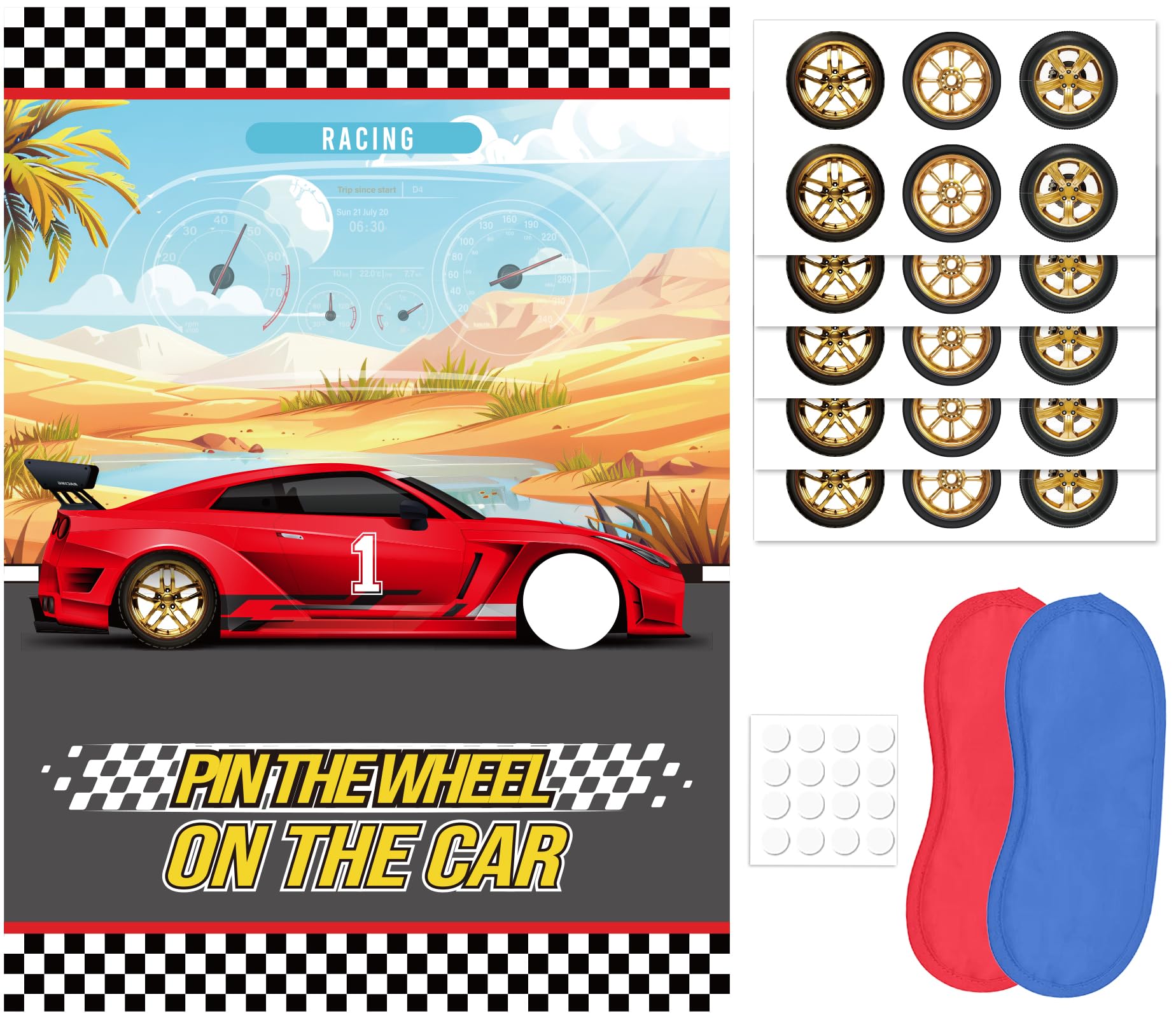 WNINK Pin The Wheels On The Car Games, Cars Party Game with 30 Gold Tyres Stickers, 2 Blindfolds for Car Theme Birthday Party