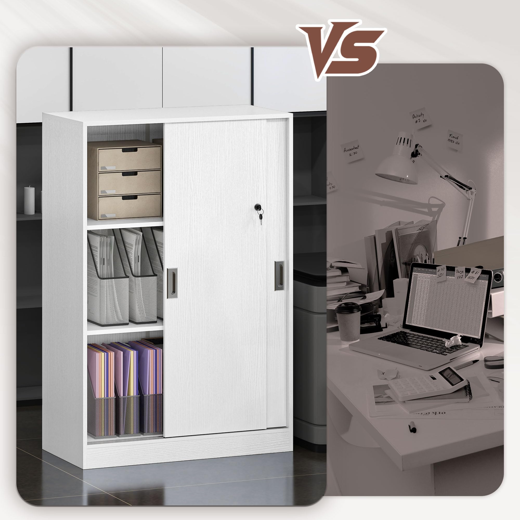 Vinsetto Armadietto da Ufficio a 3 Ripiani con 2 Chiavi di Sicurezza, Mobiletto da Ufficio in Truciolato, 80x40x120 cm, Bianco