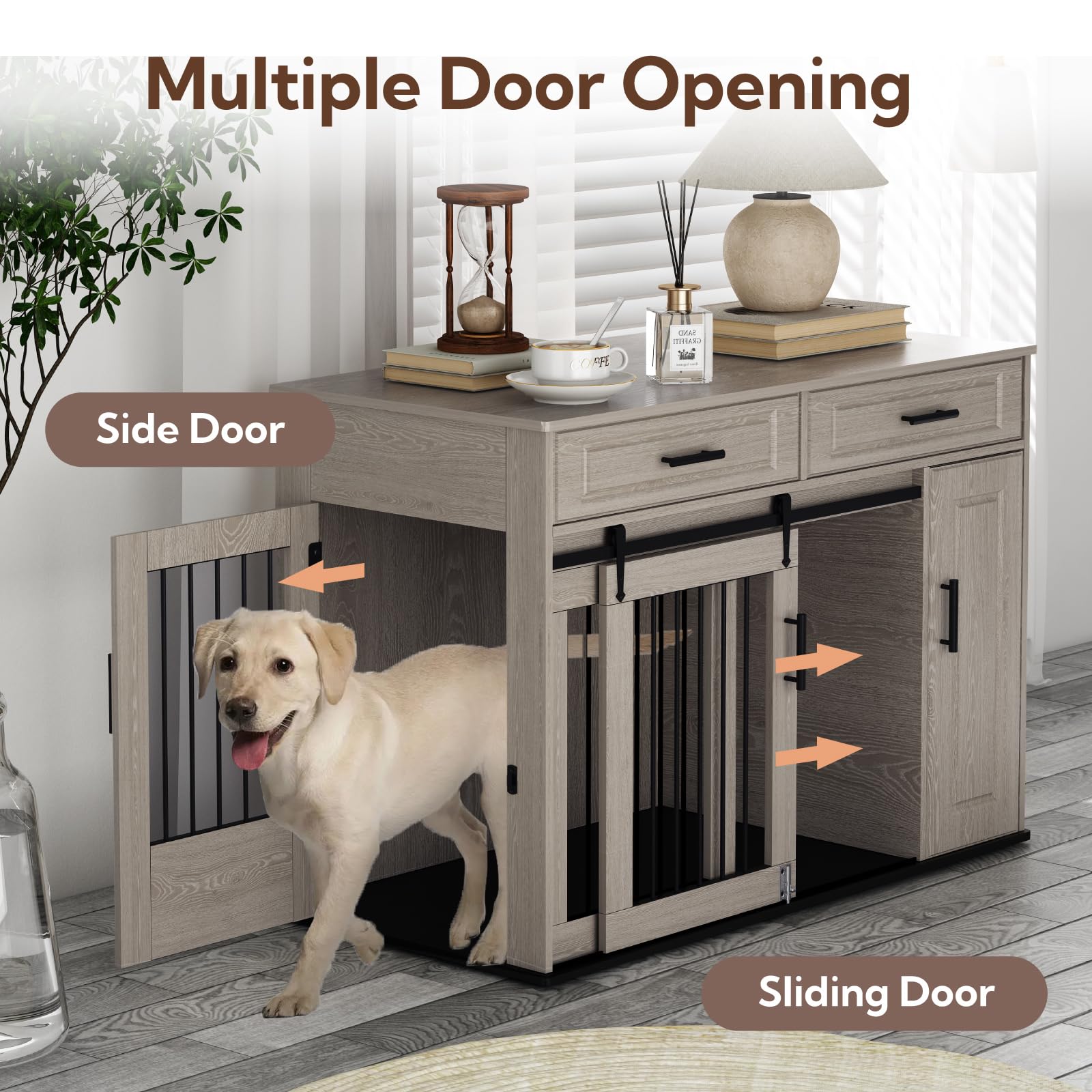 Mueble Estilo Perrera, Perrera Grande de Madera para Perros con Puertas Corredizas, Cajones y Armario, Casa para Perros con Cerradura, Interior, Mesa, Gris
