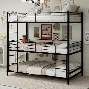 Su & Chan Legence Metal Triple Bunk Bed, 3 Single Tier Bunk Bed with Full Safety Guardrails and Ladder for Kids, Adults, Space Saving Design for Dormitory, Rent Cottage, Flat, Black
