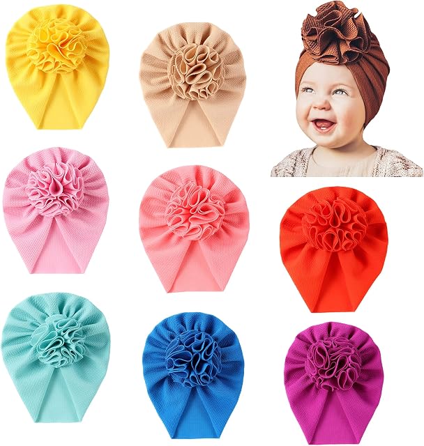 Cinaci 8 Pack Solid Big Flower Bow Beanie Turban Hats Caps Headwraps for Baby Girls Infants Toddlers Kids
