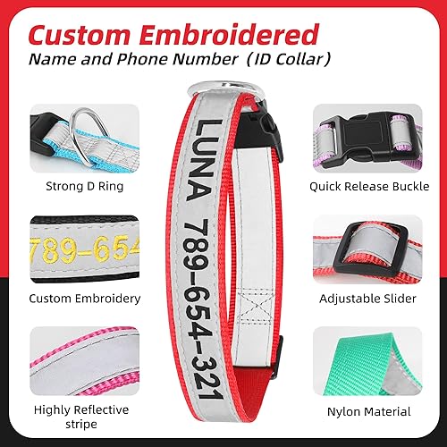 Miniatura 7 de Collar de perro reflectante personalizado, bordado personalizado con nombre y número de teléfono, collar de identificación de nailon ajustable