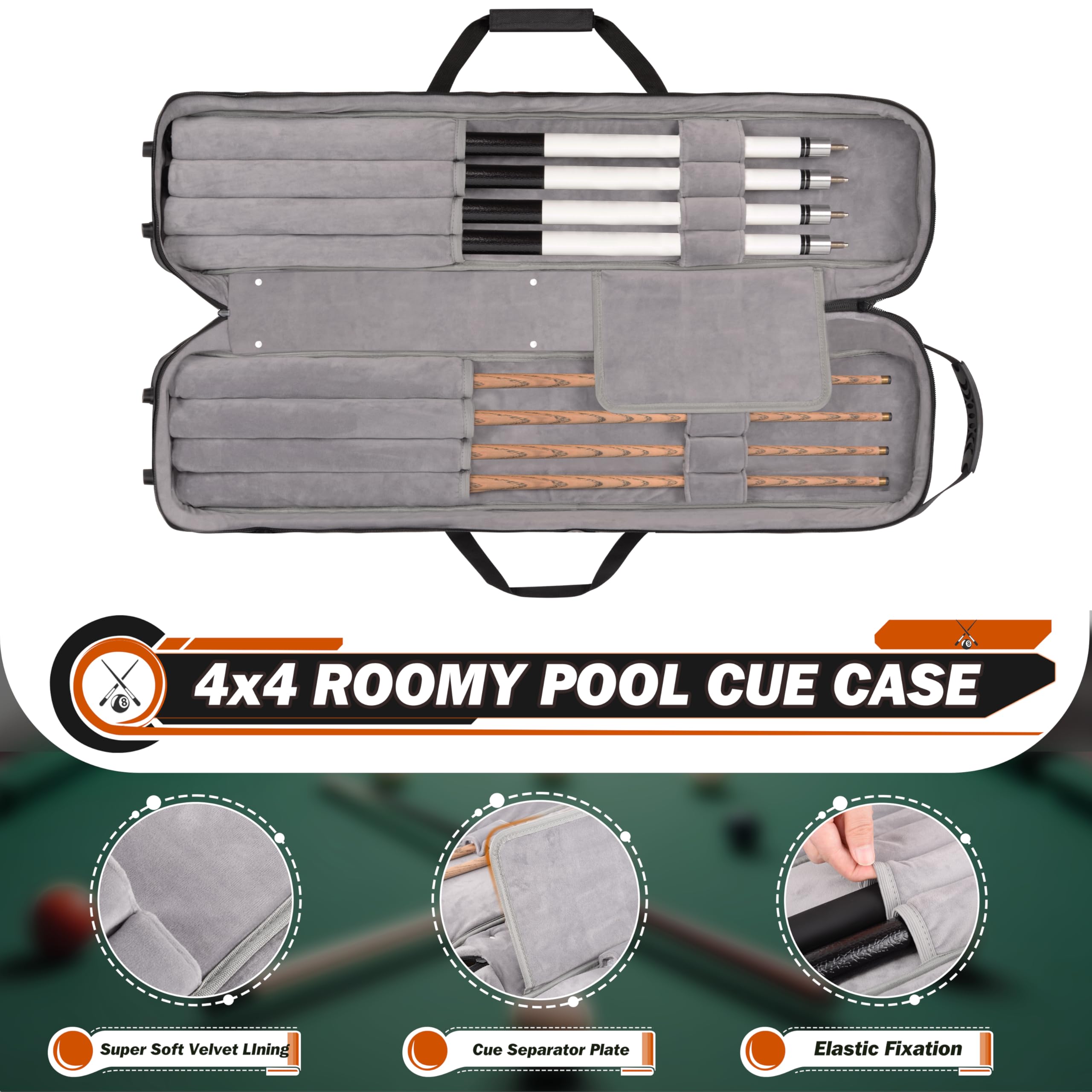 BOOSTEADY Custodia Rigida Premium per Stecche da Biliardo, Custodia per Stecche da Biliardo 4 x 4, Contiene 4 Aste + 4 Tiranti, Fodera Velluto, Porta Accessori, Spallacci Regolabili