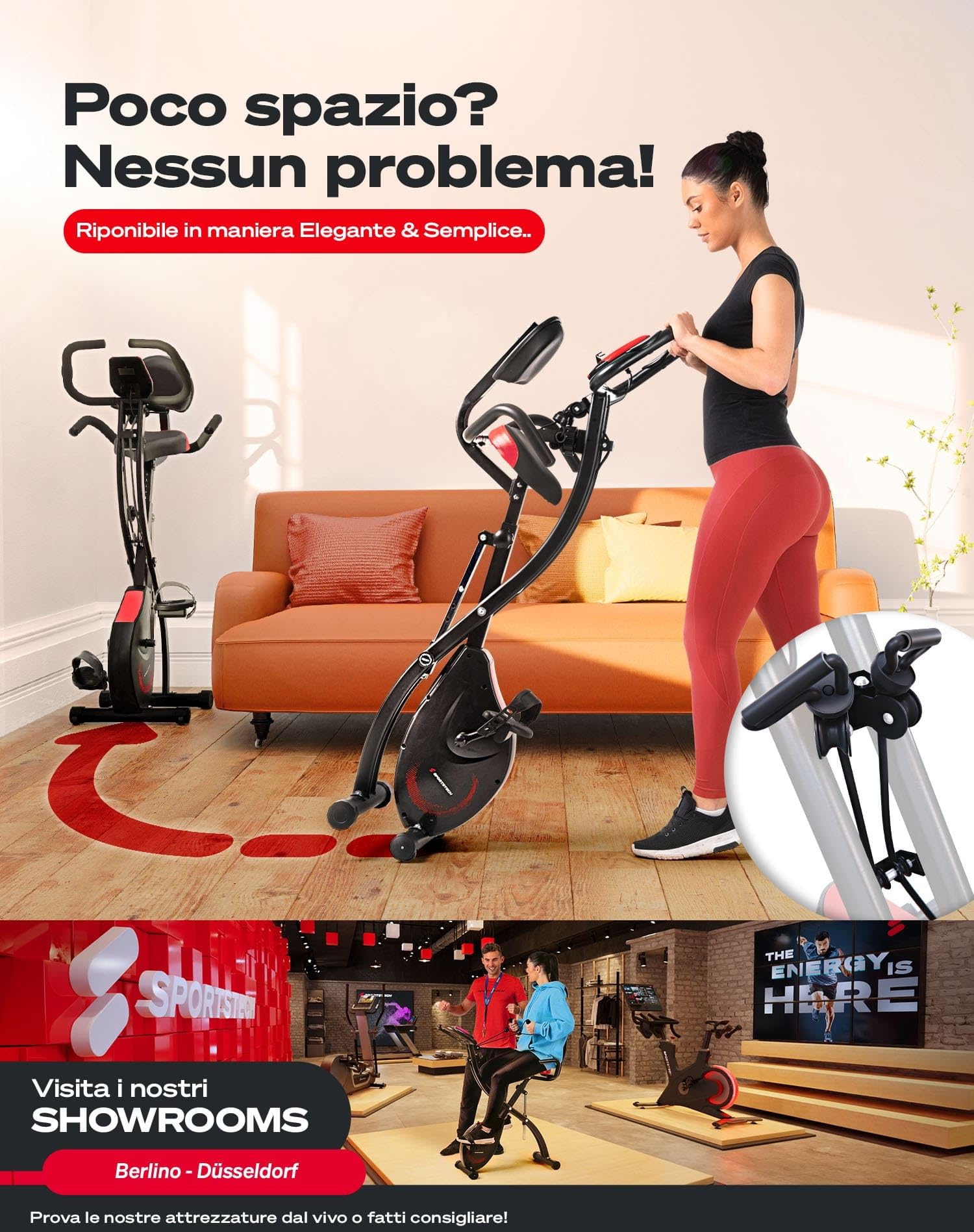 Sportstech 3in1 Premium Cyclette con eventi video e app multiplayer | Bicicletta pieghevole con sedile confortevole e sensori di pulsazioni | Corde elastiche fitness | Bicicletta da casa X150