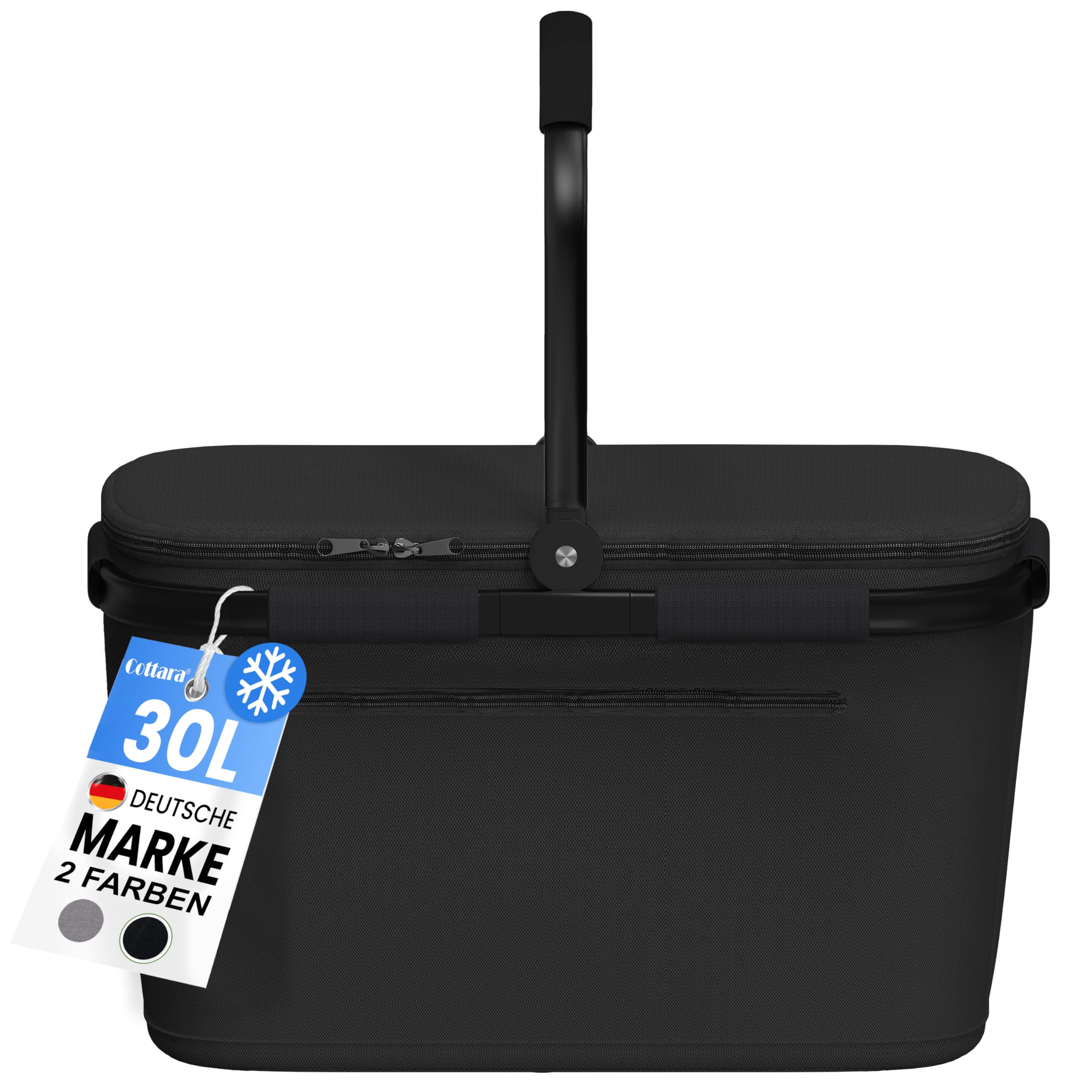 Cottara® Thermo Einkaufskorb Kühltasche groß | isolierter Einkaufskorb mit Deckel, verstärktem Boden, Frontfach mit Reißverschluss | Ideal als Kühlkorb oder Picknick Korb (Schwarz)