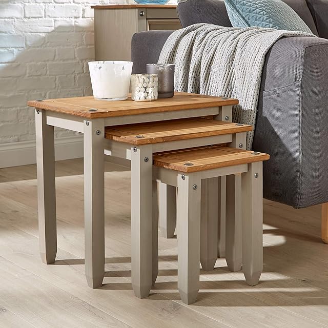 Home Source Corona Grey Pine Nest of Tables Set of 3 Occasional Coffee Side Table Mexican