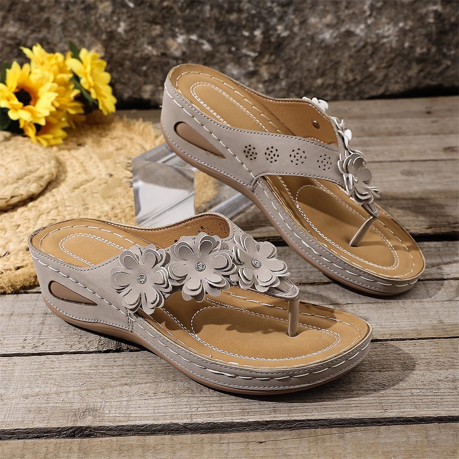 Sandalias de cuña para mujer con cuña - Chanclas de mujer con cuña baja mar con flor sandalia plataforma clip dedos chanclas antideslizantes ligeras y cómodas zapatillas estilo bohemio para piscina