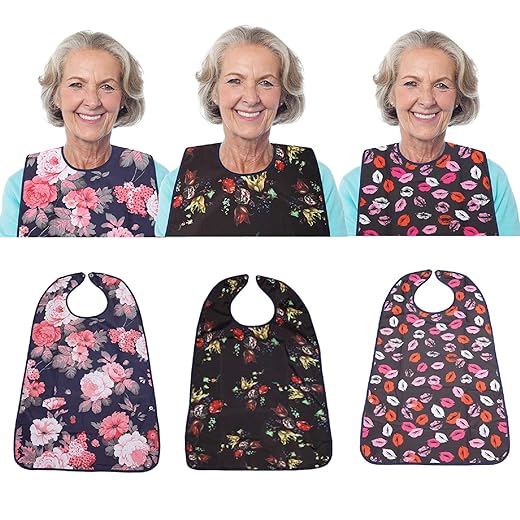 3 Pack Adult Bib for Eating Washable Reusable Waterproof Clothing Protector with Optional Crumb Catcher 30" x 19.5" Women