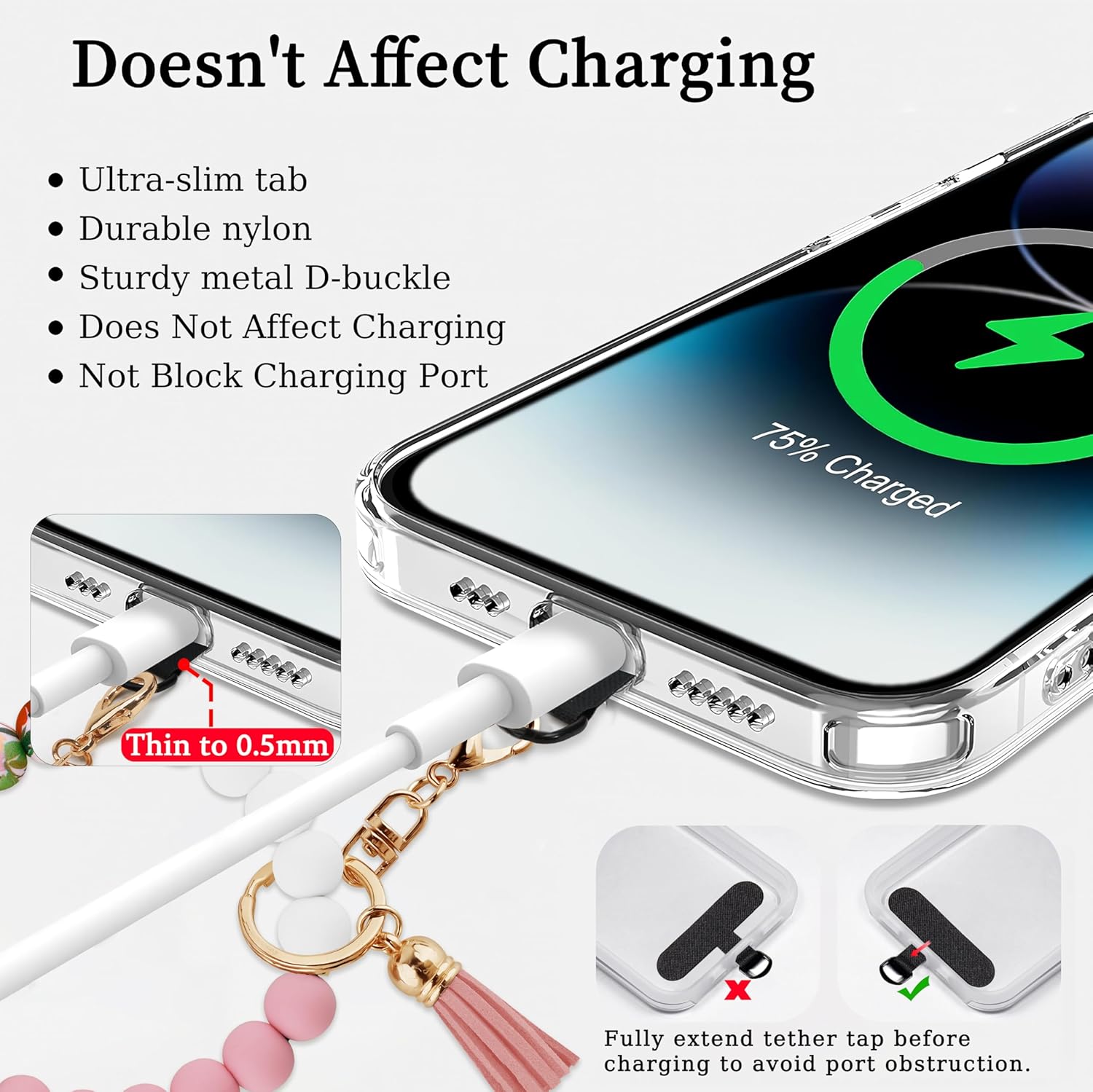 Silicone Beaded Phone Wrist Strap, Phone Bracelet Wristlet with Tether Tab, Hands-Free Wristlet for iPhone (Pink Daisy) - Image 4