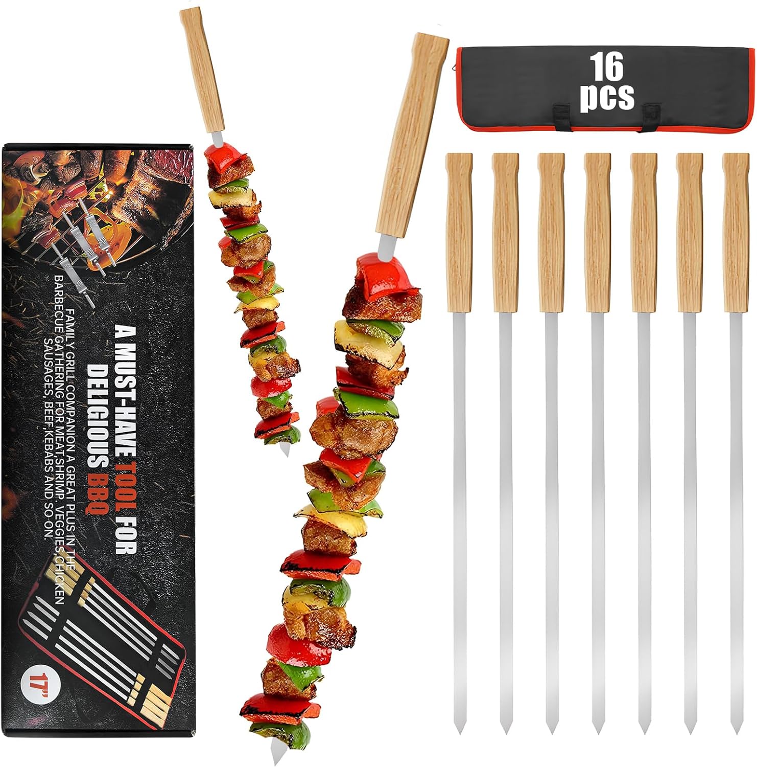 SHIKORI Kabob Skewers,BBQ Barbecue Skewers,Stainless Steel Sticks,24 Inch Heavy Duty Large Wide Reusable,with Nonslip Wooden-12 Pcs