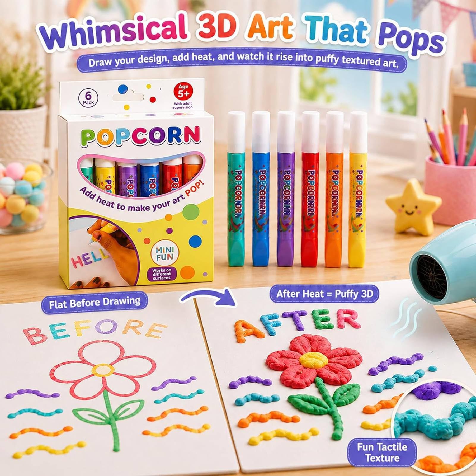 PopcornPen 3D-Zeichenmarker, wärmeaktivierte Blasenentlastung, magische Kunststifte, waschbar, sichere Pufftinte für Kartenherstellung, Scrapbooking, Schule, Basteln, Kunstgeschenk für Kinder und