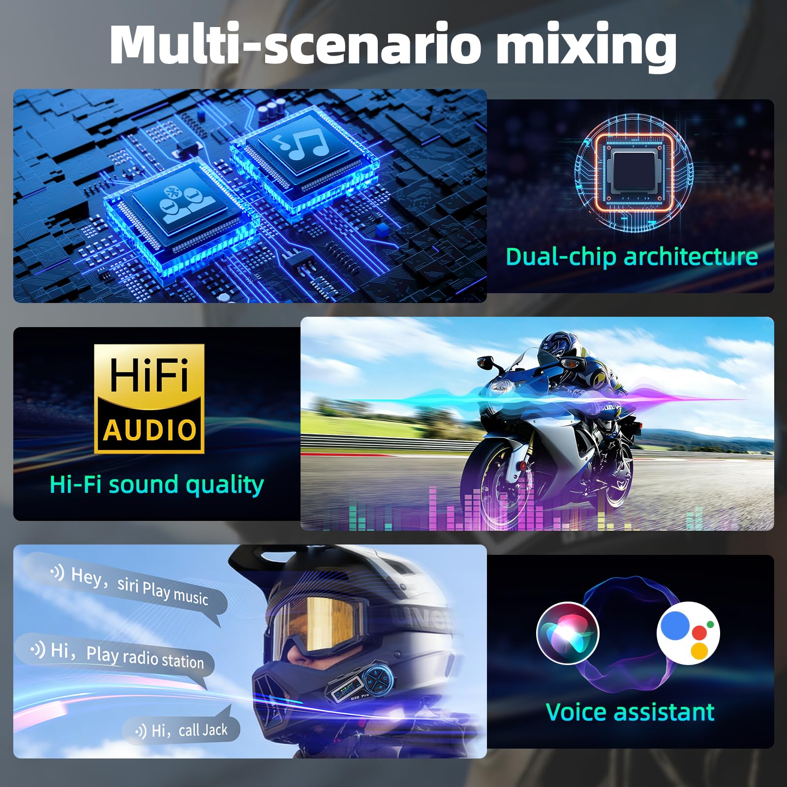 Cuffie audio Bluetooth, citofono per cuffie moto Bluetooth 5.4 con stereo Hi-FI e radio FM, IP65 impermeabile, comunicazione 500 m, autonomia 18 ore, compatibile con tutti i caschi (moto, sci)