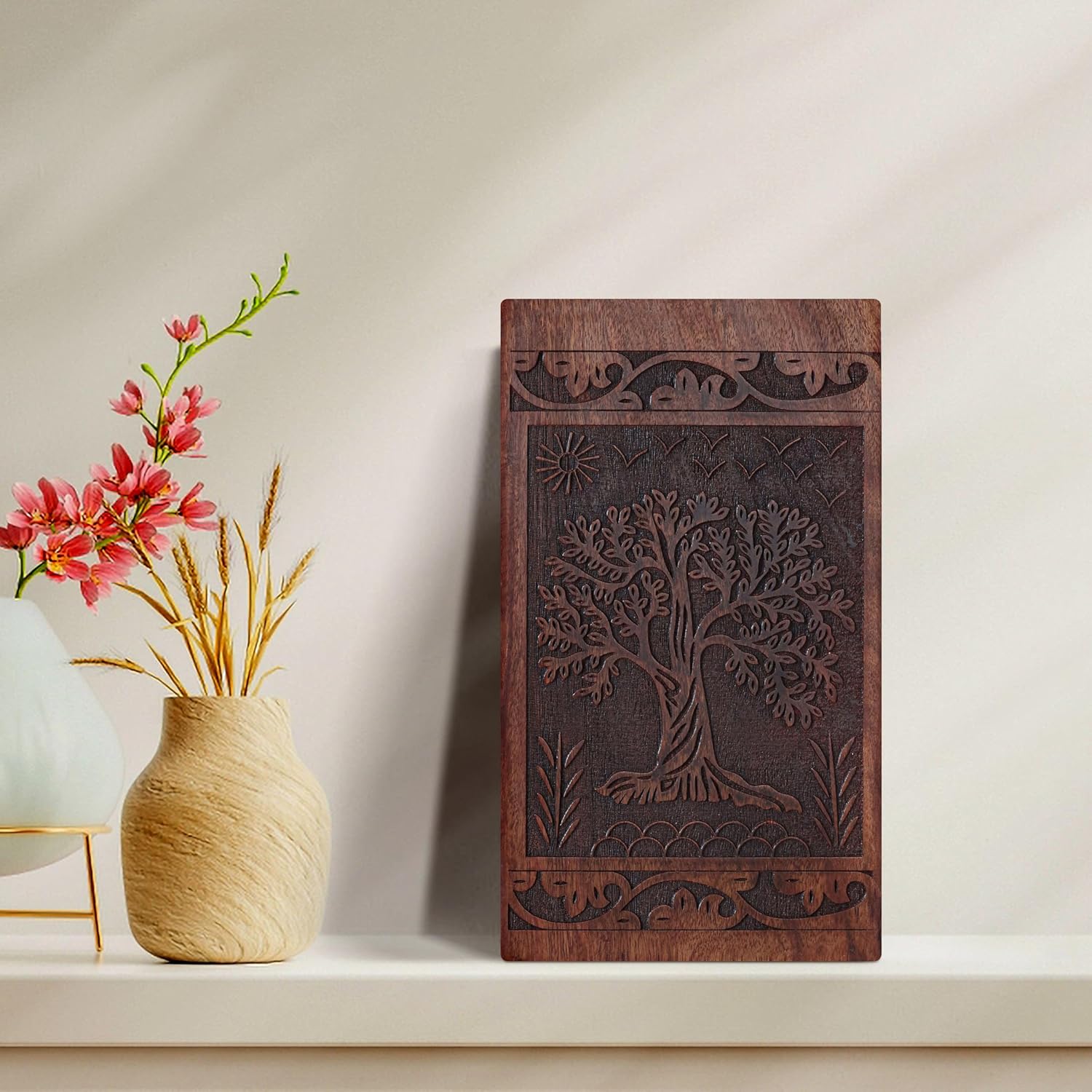 Handcarved Wooden Cremation Urns for Human Ashes Adult Male - Tree of Life Design Memorial Urns for Women & Men, Burial and Funeral Urn for Ashes Adult Male - Decorative Urns -(Large Size)