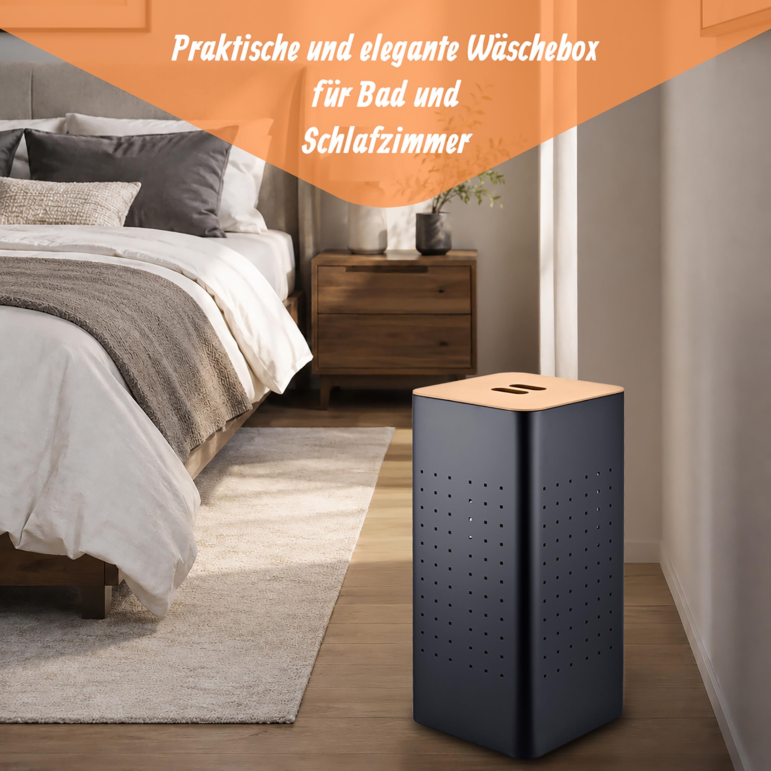 Relaxdays, Wäschekorb mit Deckel, Metall, 55 l, schwarz/natur