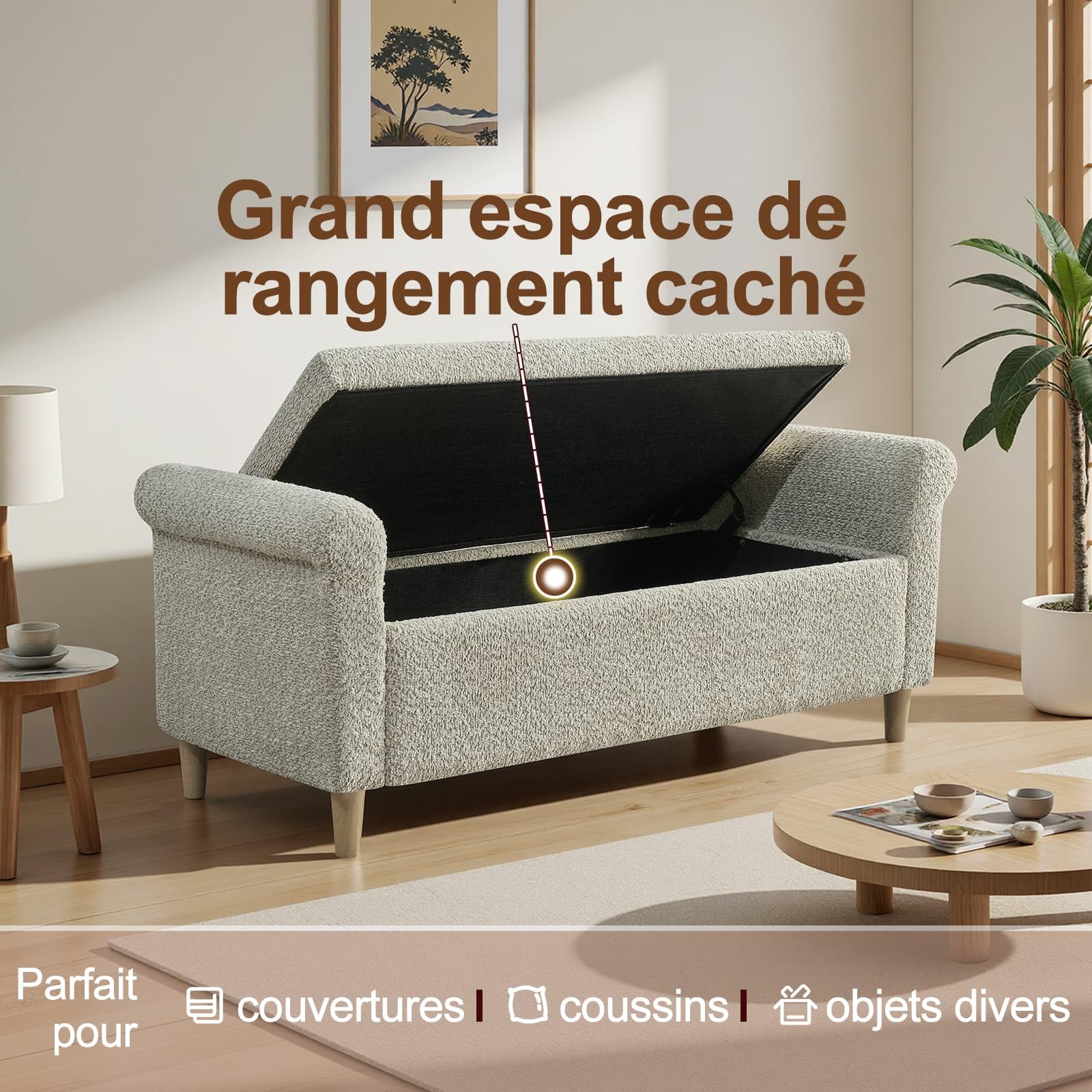Banquette 2 Places,Fauteuil Salon,Repose Pied avec Espace de Rangement,Petit Canapé,Tabouret,pour Salon Bureau Chambre (Camel)