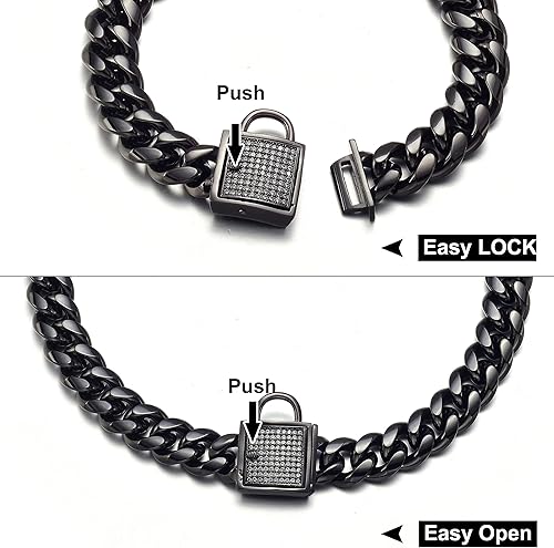 Miniatura 5 de Collar de cadena para perro, cadena de eslabones cubanos de acero inoxidable de metal negro, fuerte, resistente, a prueba de mordidas, collar de 10