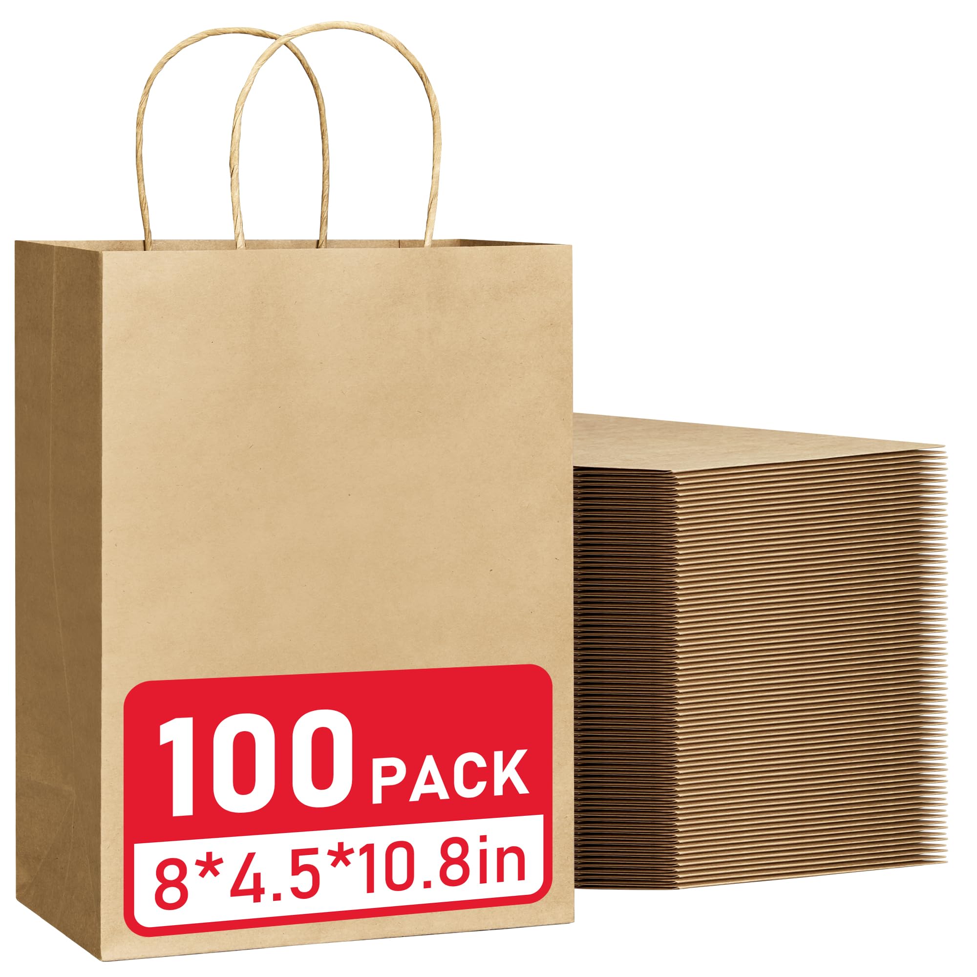VPACKDUO 100 Pcs Gift Bags 8x4.5x10.8 Brown Kraft Paper Bags with Handles Bulk for Wedding, Party Favors, Grocery, Shopping, Retail Merchandise, Gift