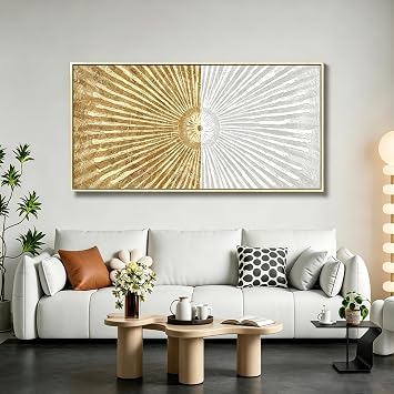 20"x40" Framed Canvas White and Gold Wall Art Symmetrical Line Abstract Modern Wall Decor Art for Living Room Bedroom Bathroom Office Wall Decor